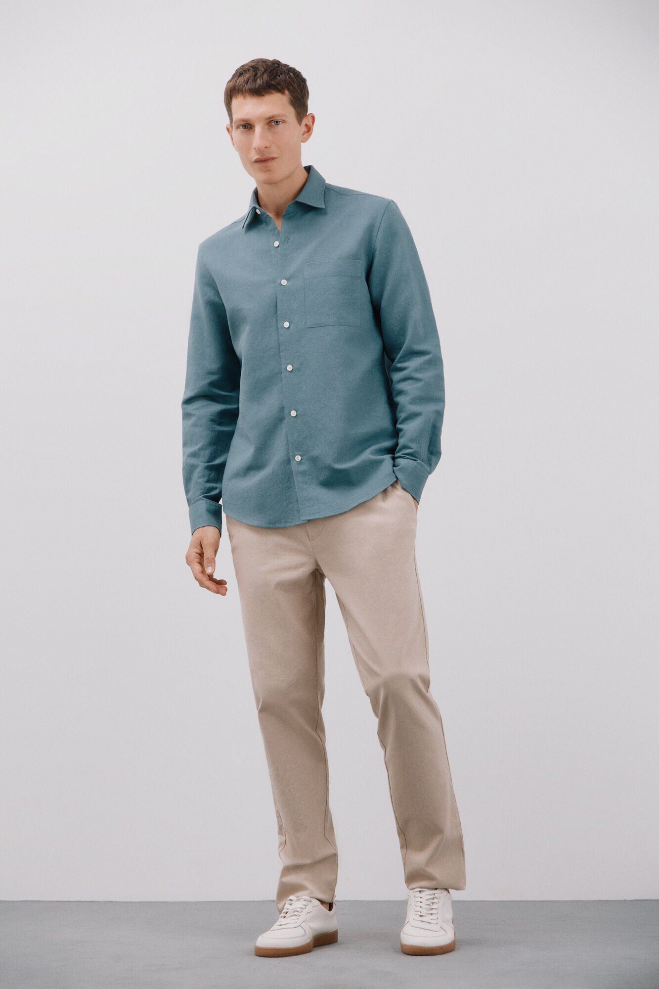 Cortefiel Camisa lino algod&oacute;n liso Azul