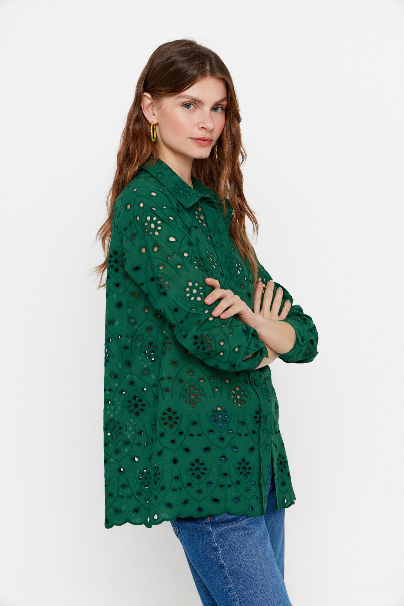 Cortefiel Camisa algod&oacute;n bordado Verde oscuro