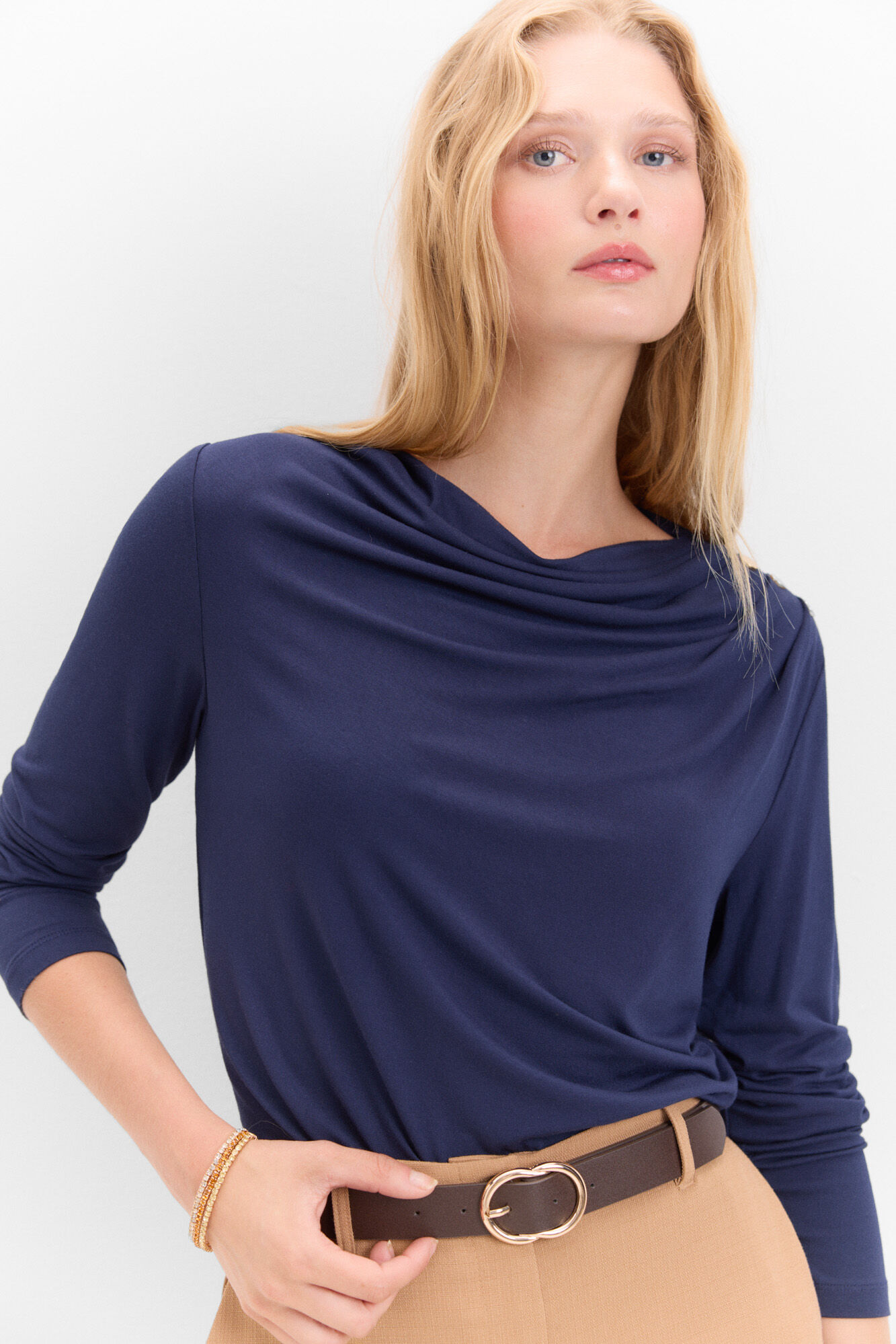 Cortefiel Camiseta con pliegues en hombro Azul marino