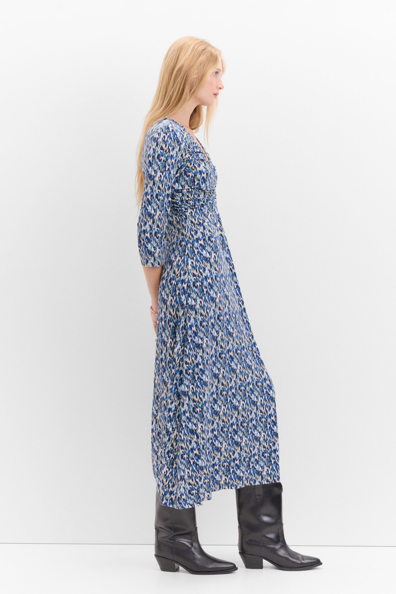 Cortefiel Vestido fruncido estampado Estampado azul