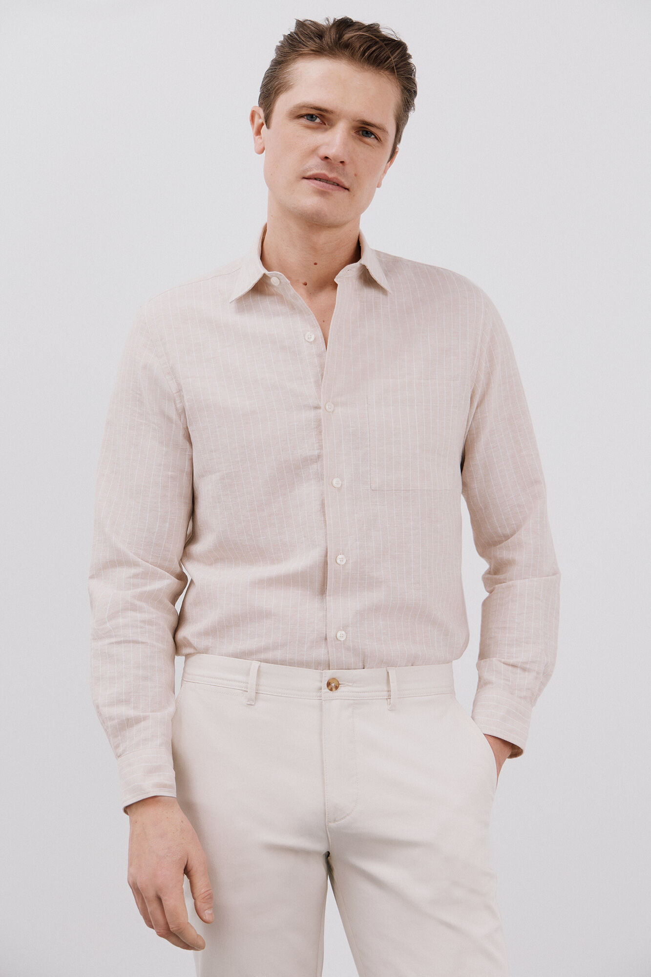Cortefiel Camisa lino algod&oacute;n rayas Beige