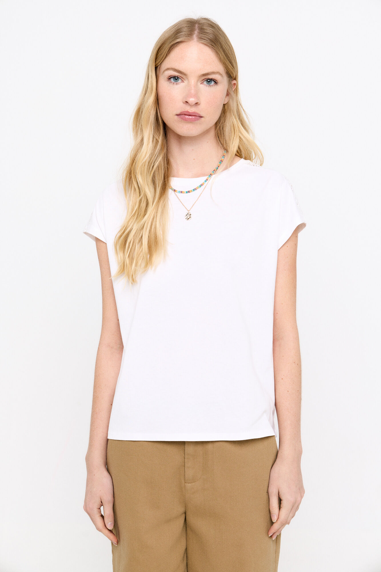 Cortefiel Camiseta b&aacute;sica puntilla Blanco