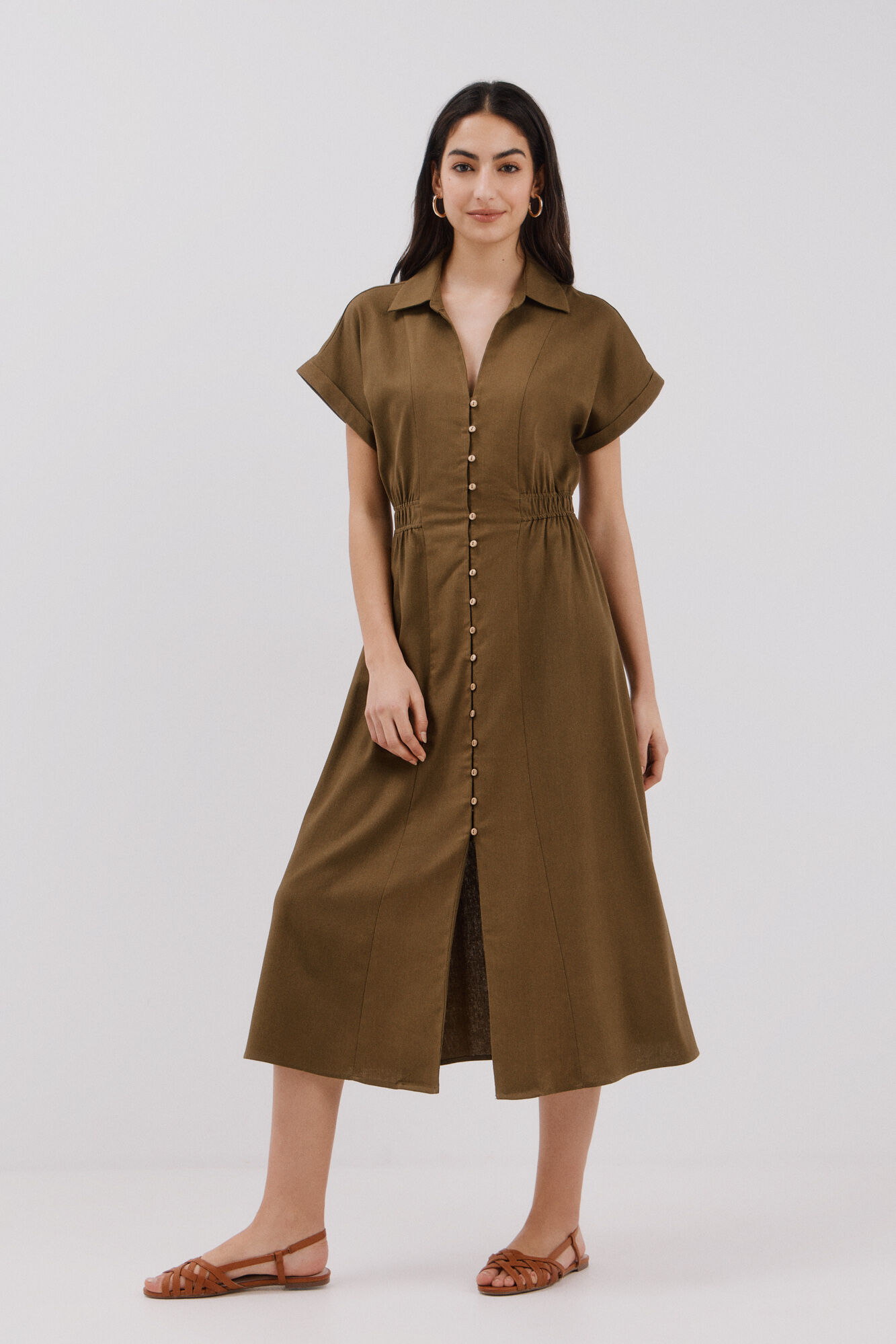 Cortefiel Vestido camisero midi Kaki