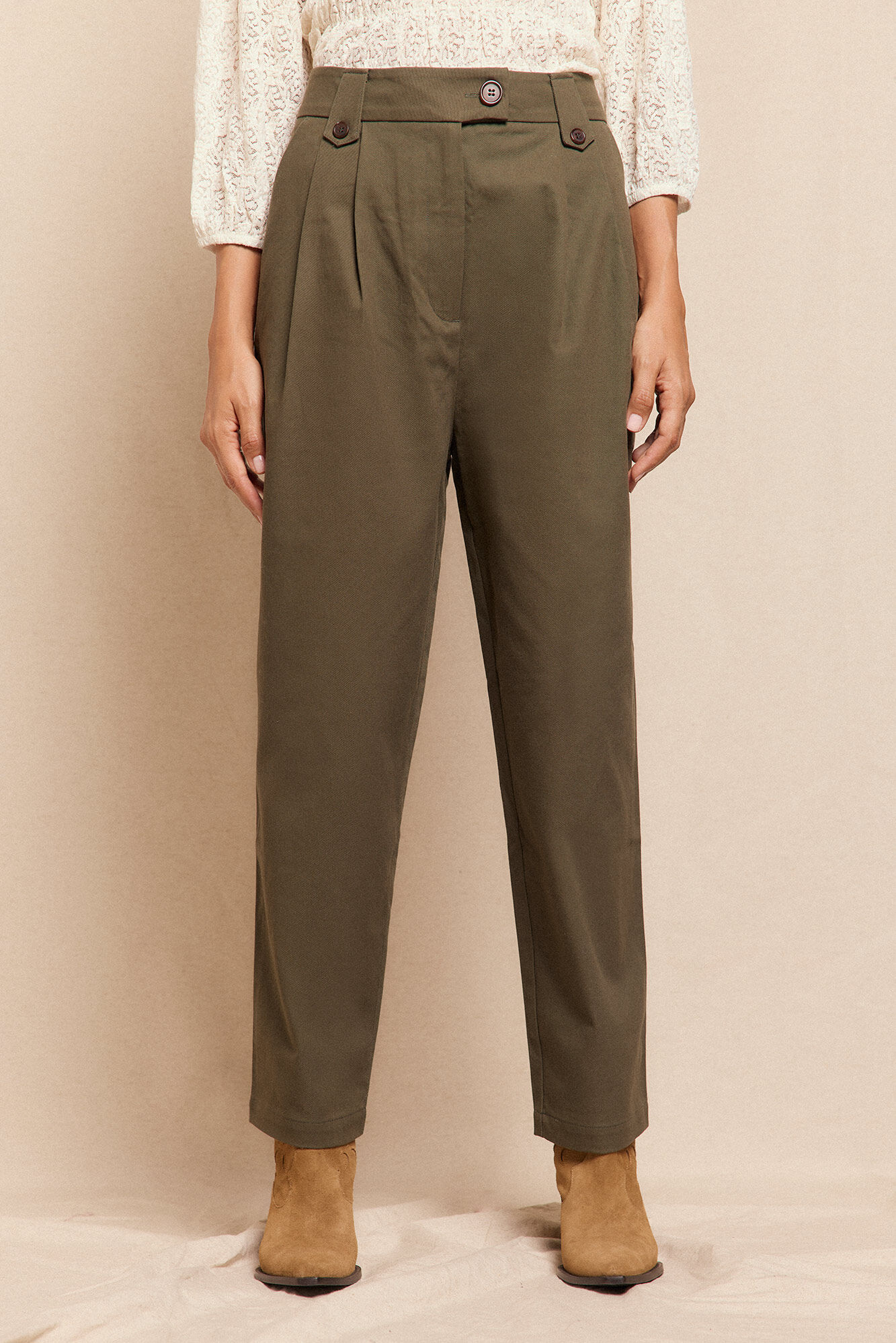 Slowlove Pantal&oacute;n de sarga con pinzas trabillas para el cintur&oacute;n bolsillos funcionales laterales pernera ancha cierre mediante cierre oculto y bot&oacute;n Verde oscuro