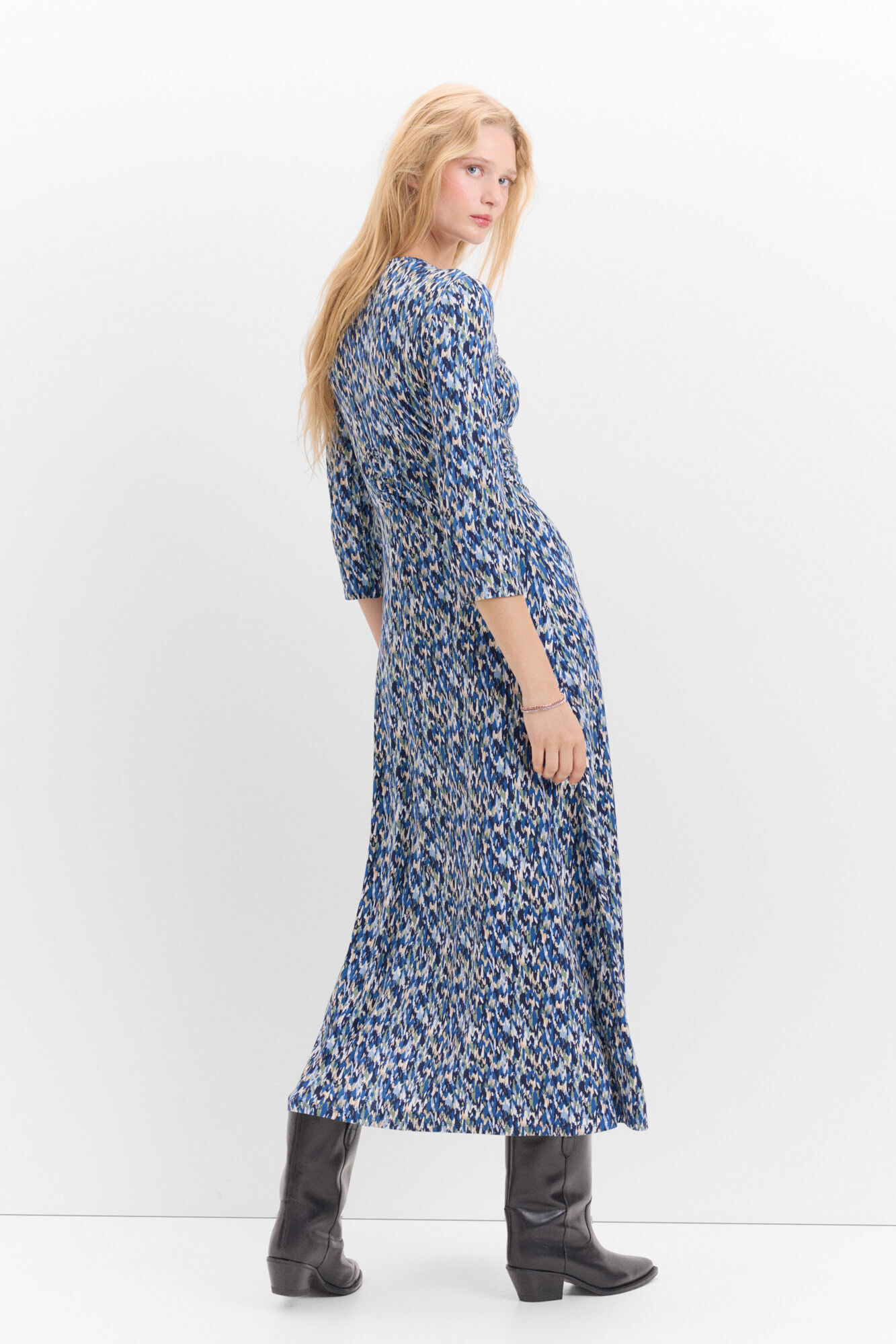 Cortefiel Vestido fruncido estampado Estampado azul
