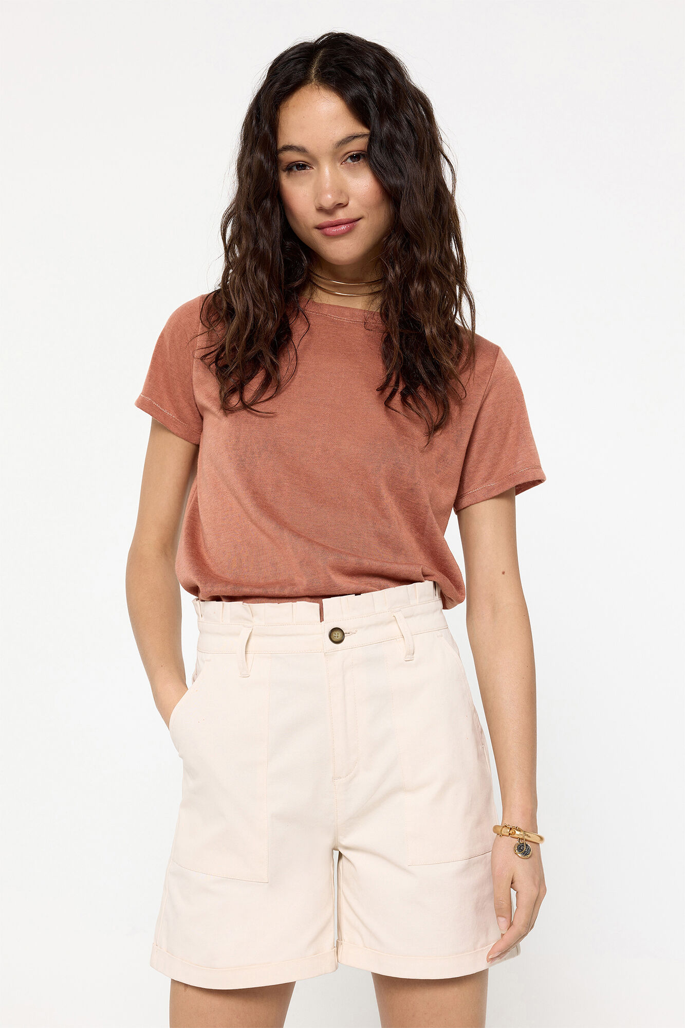 Milano Playera manga corta efecto lino Beige/Camel