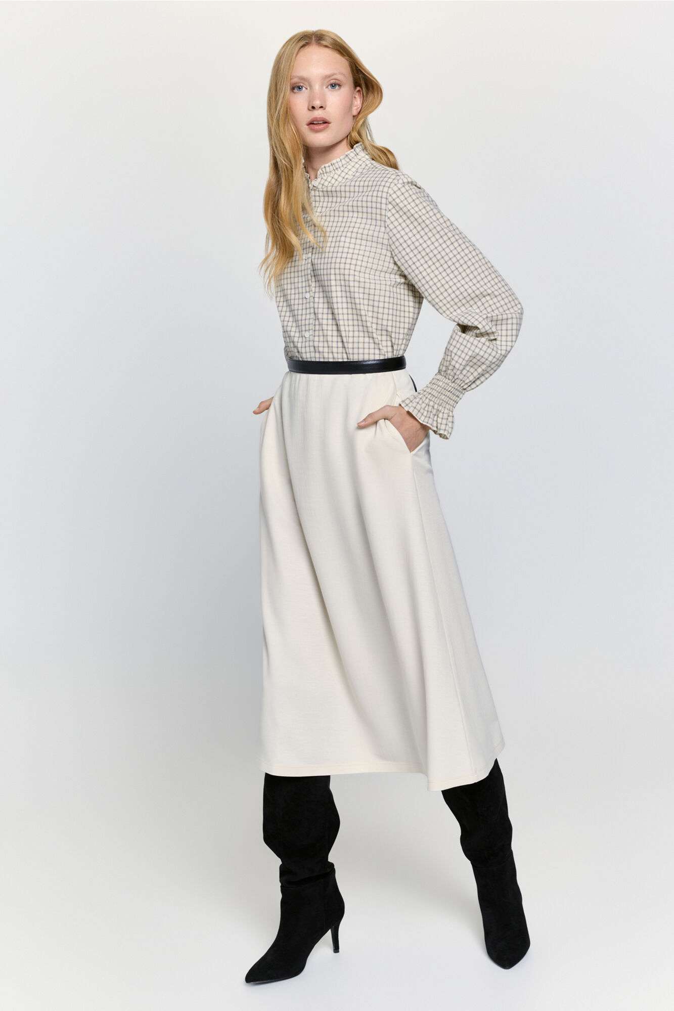 Milano Falda midi con cintura el&aacute;stica Marfil