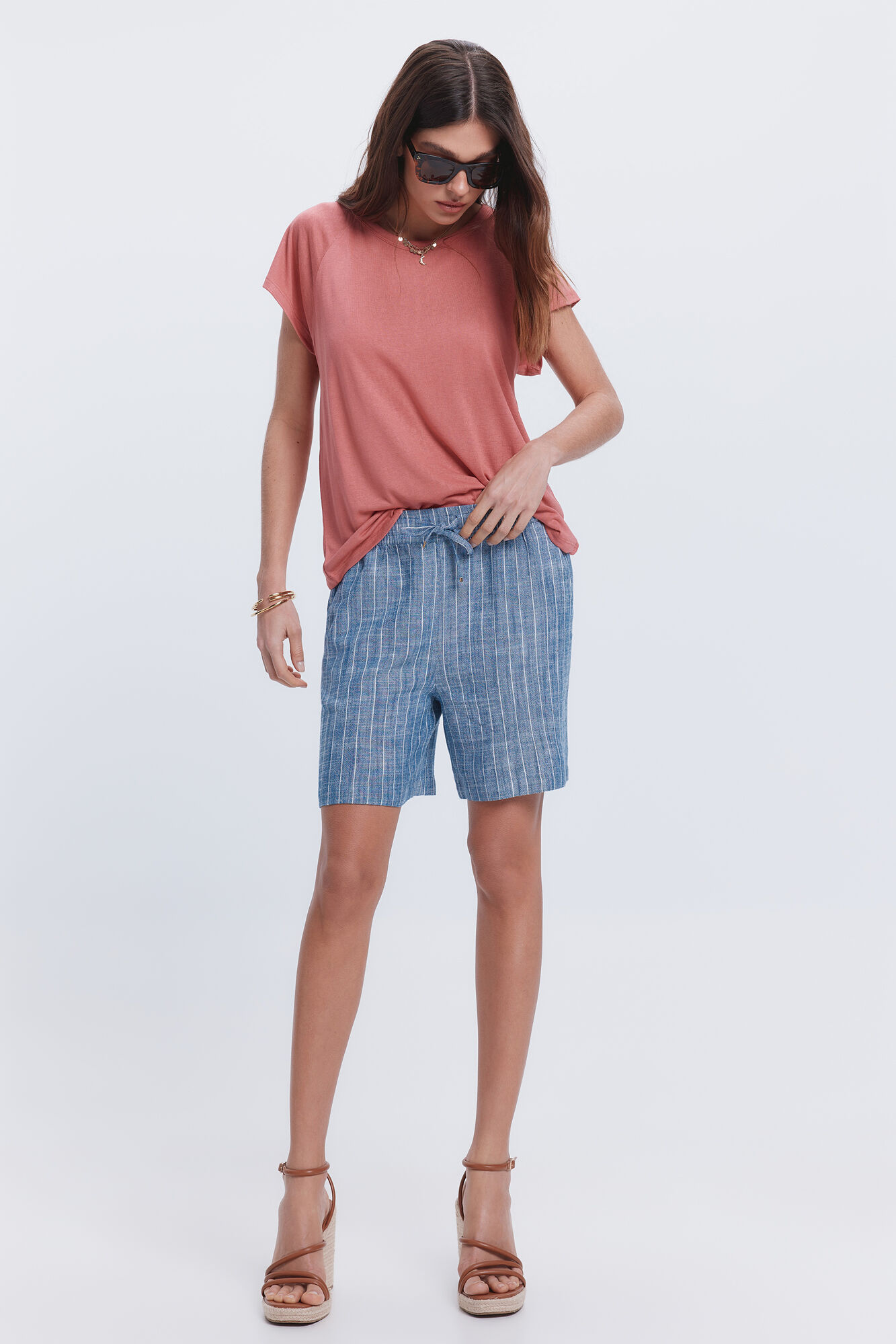 Milano Camiseta efecto lino cuello caja Rojo/Coral