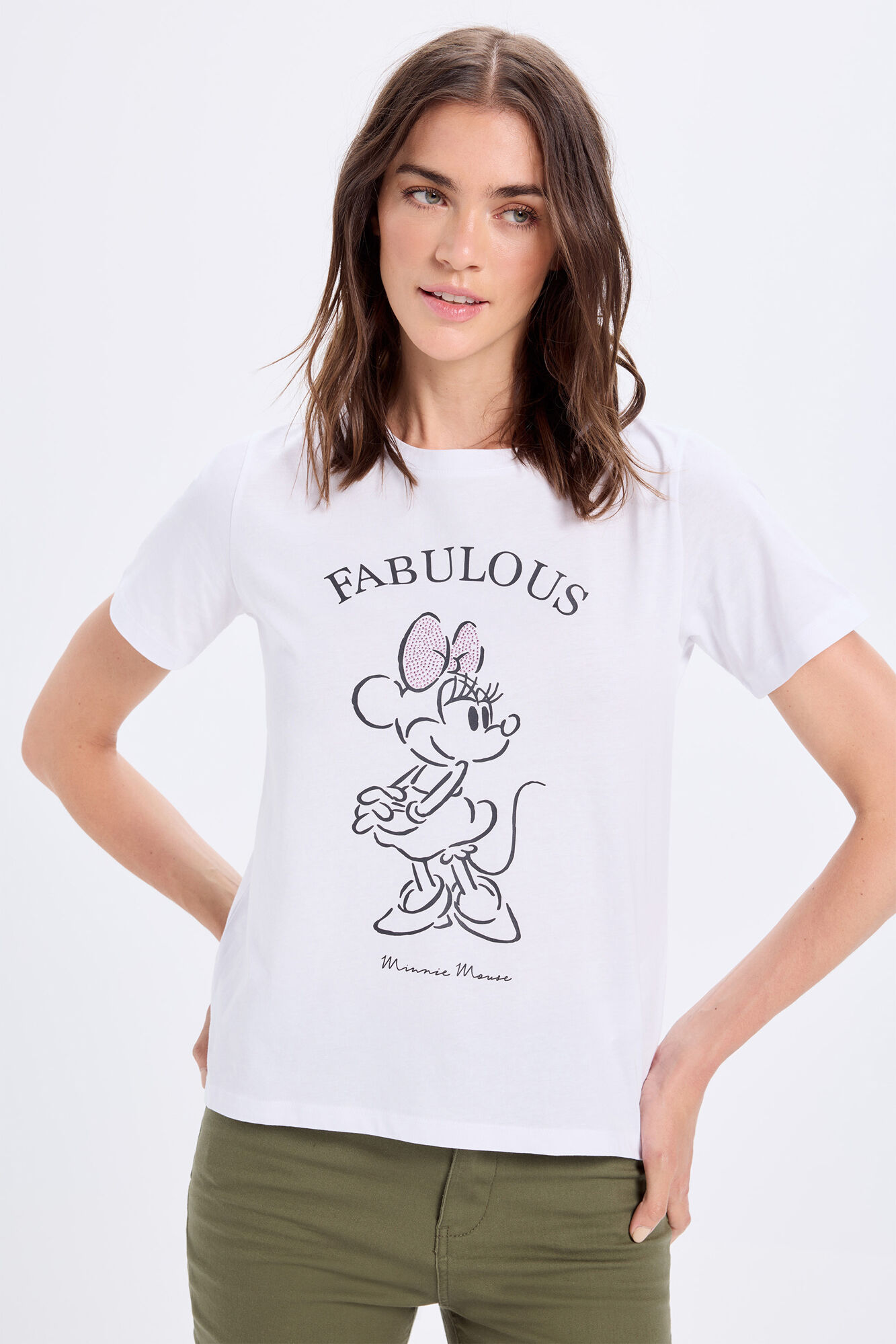 Milano Playera estampada de Minnie Mouse con aplicaci&oacute;n de pedrer&iacute;a en el lazo o lazo Blanco