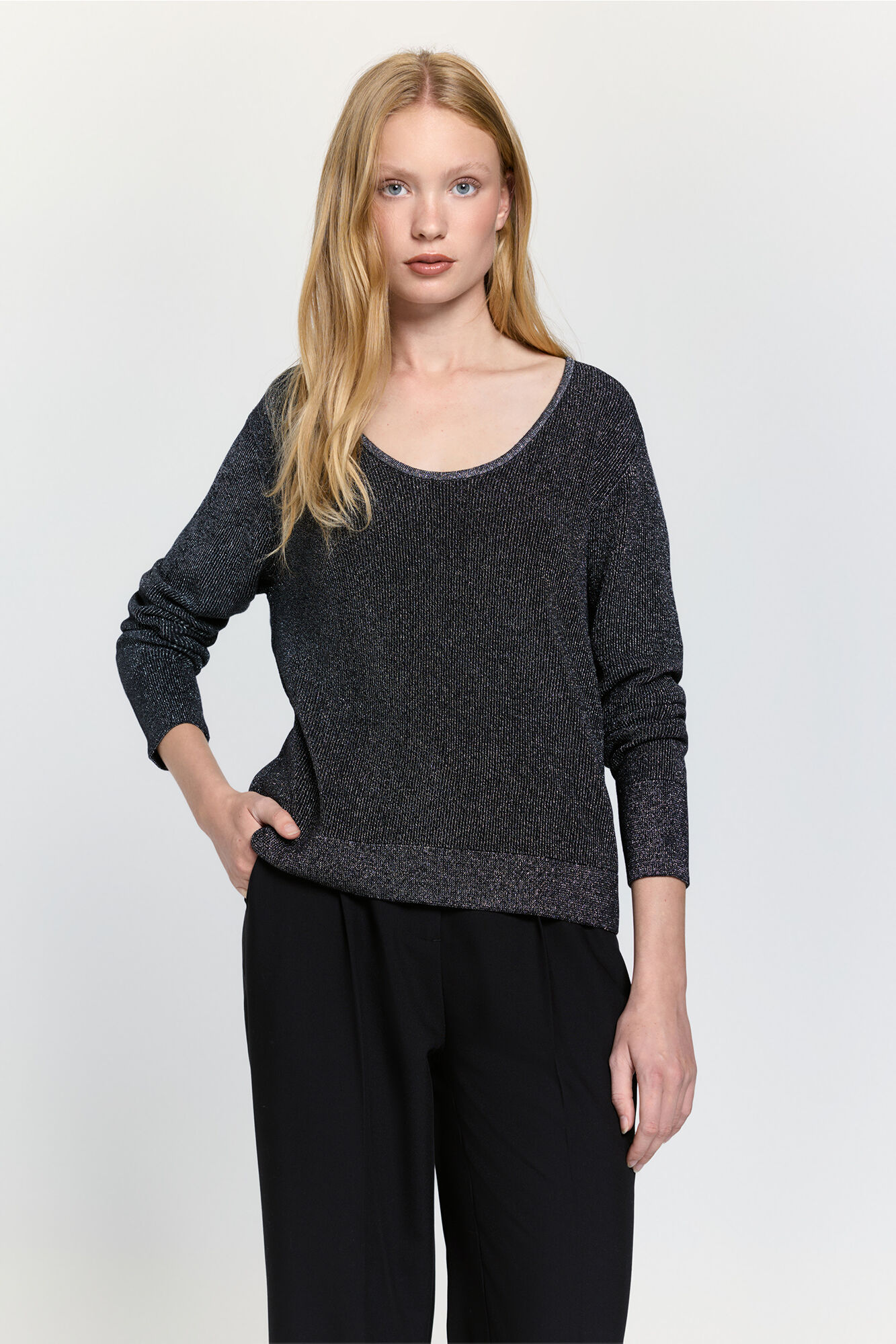 Milano Jersey de cuello Perkins con hilo met&aacute;lico fino Negro