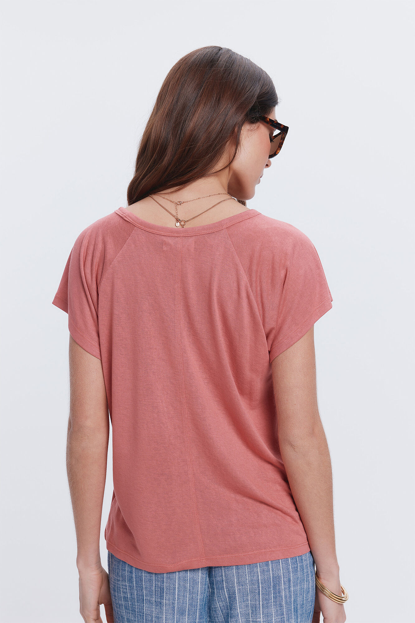 Milano Camiseta efecto lino cuello caja Rojo/Coral