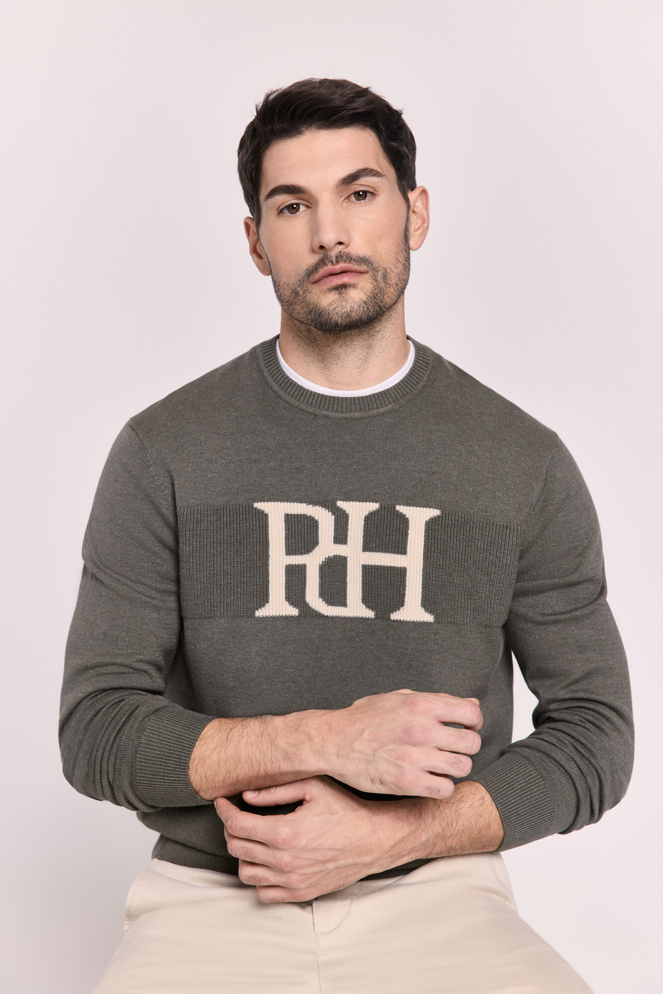 Pedro del Hierro Su&eacute;ter cuello redondo ajustado Kaki Oscuro
