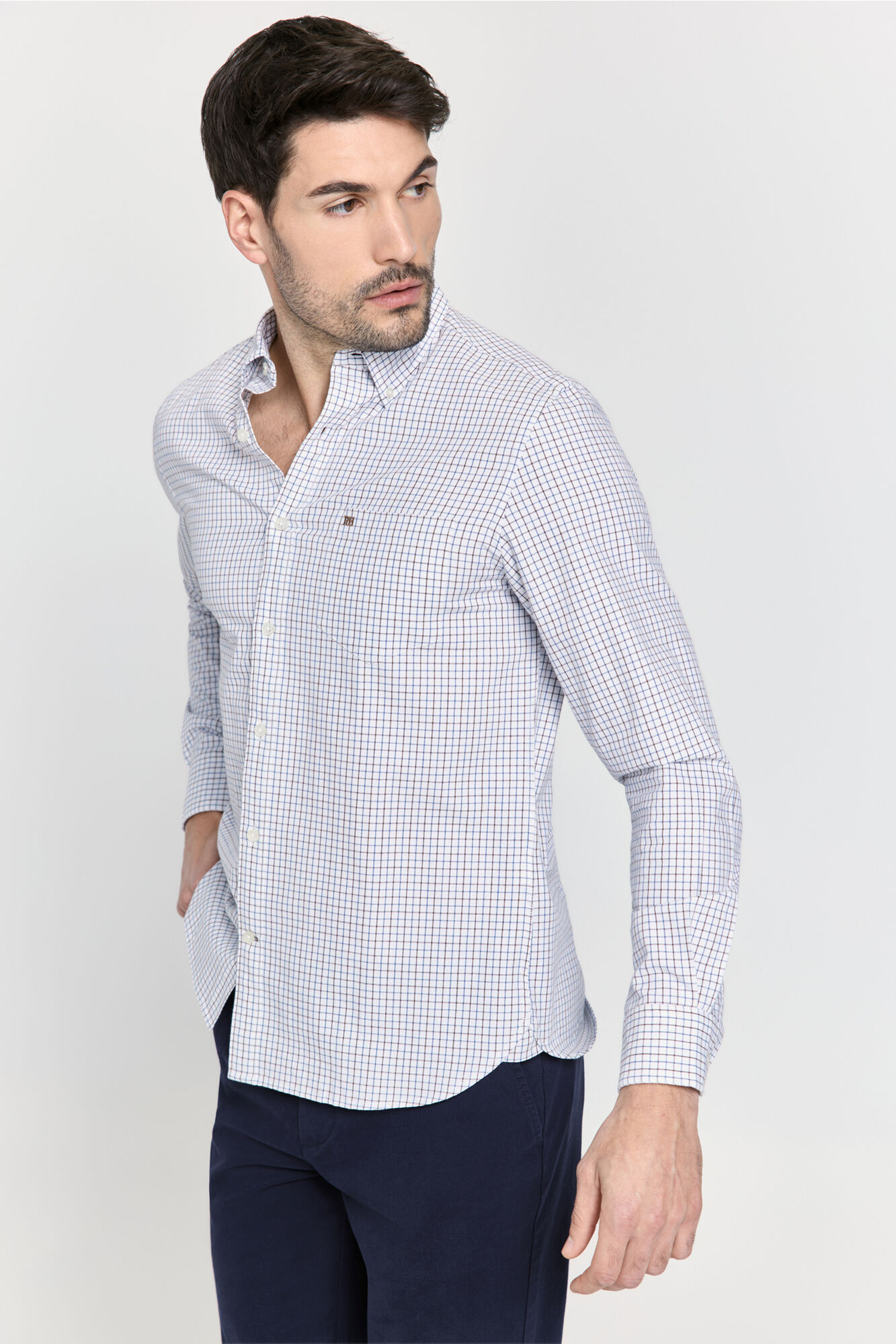 Pedro del Hierro Camisa manga larga a cuadros Marr&oacute;n
