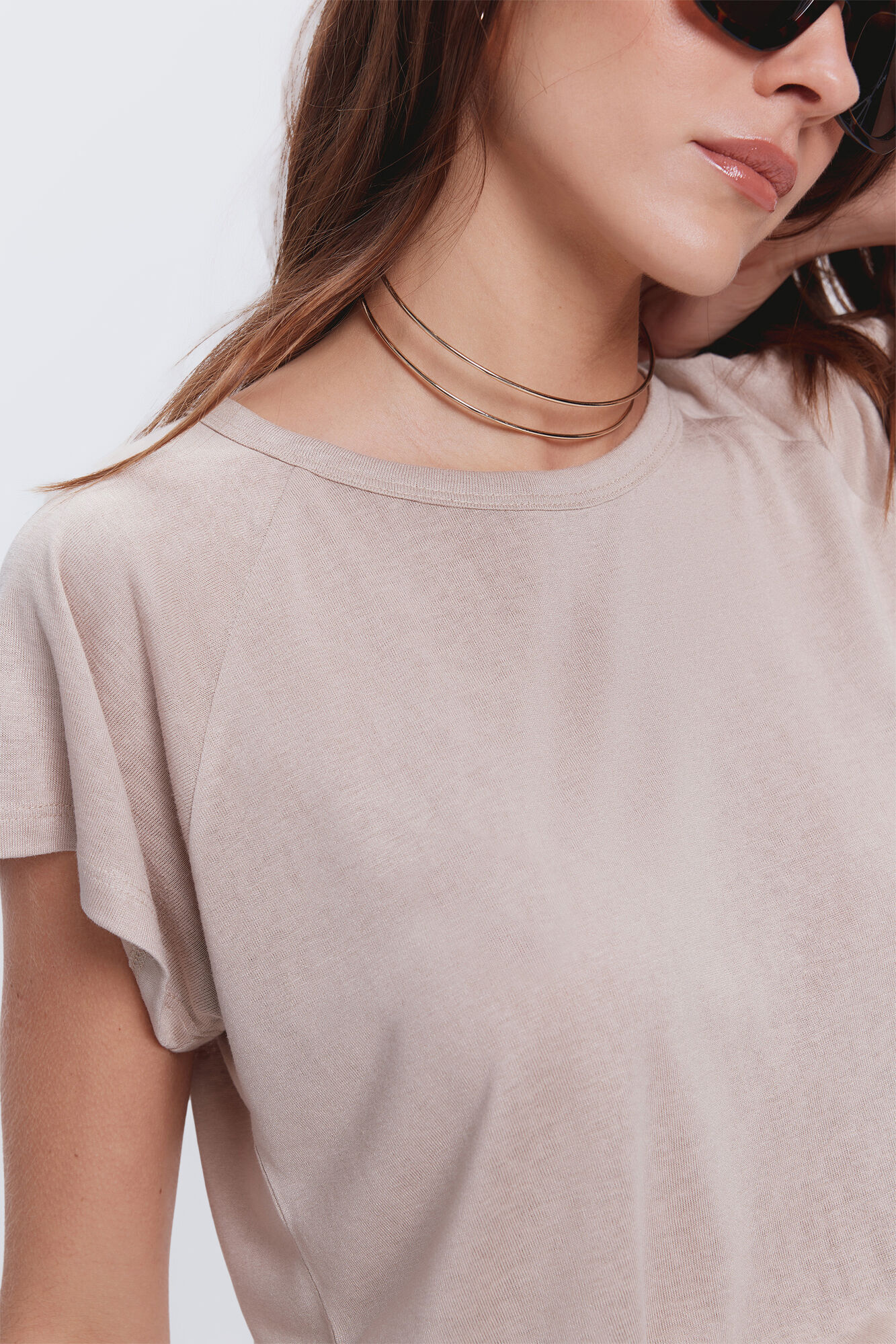 Milano Camiseta efecto lino cuello caja Beige