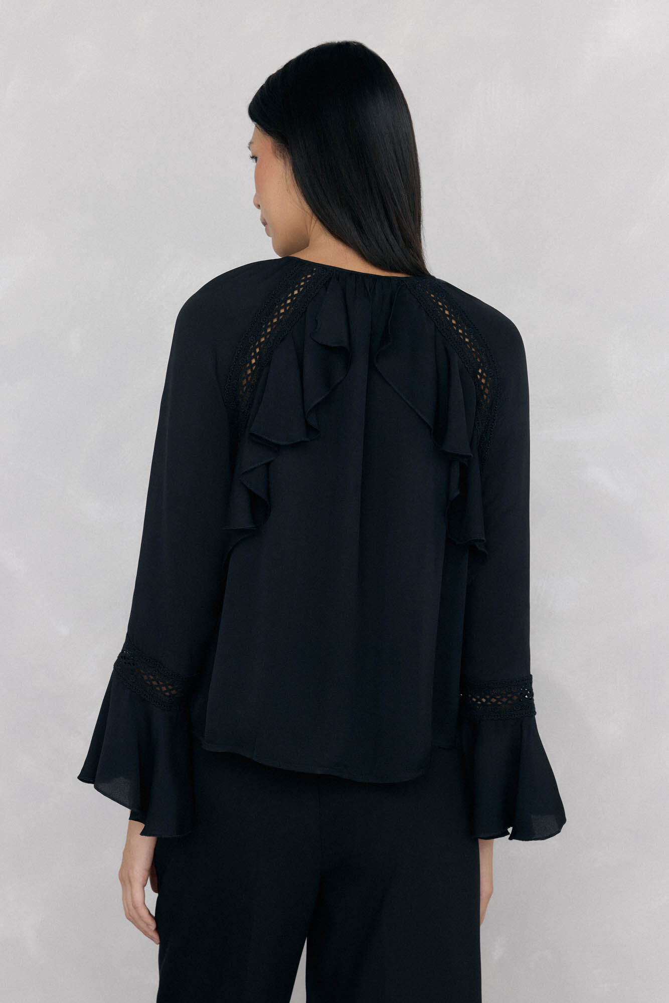 Pedro del Hierro Blusa con volantes y puntilla Negro
