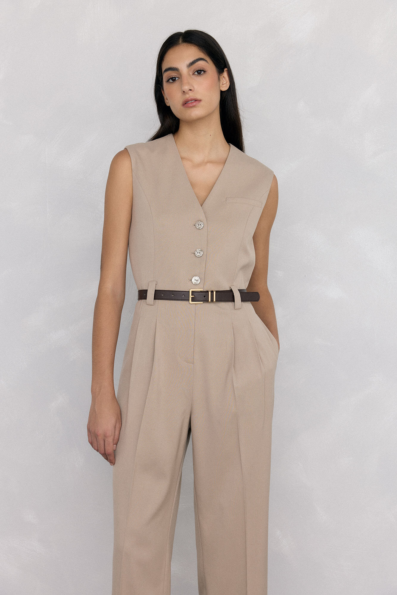 Pedro del Hierro Jumpsuit sastrero con cintur&oacute;n Beige
