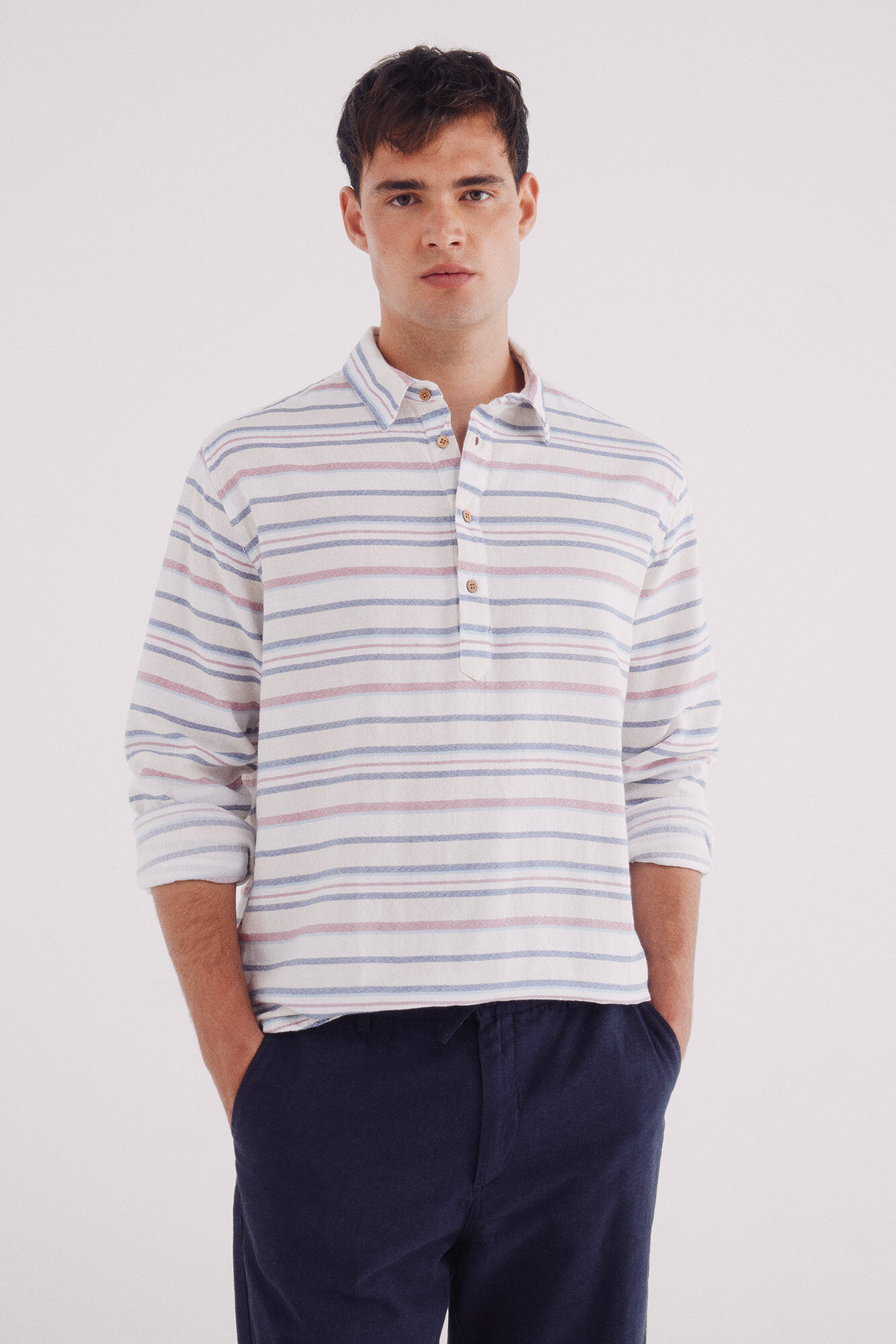 Springfield Camisa polera jacquard rayas horizontales azul tinta
