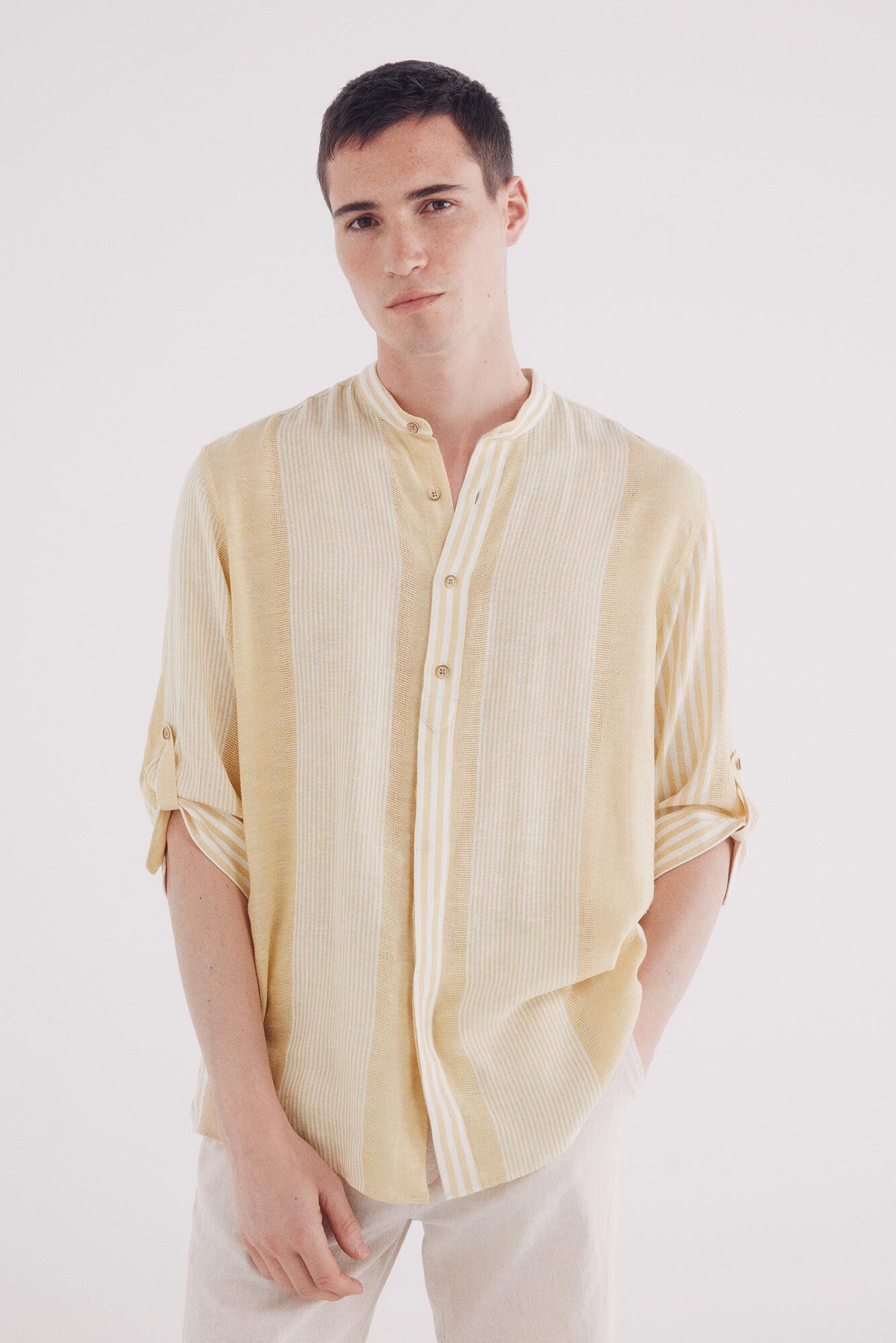 Springfield Camisa mao 3/4 lino viscosa rayas amarillo