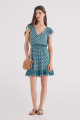 Springfield Vestido corto con cintura el&aacute;stica y estampado. turquesa
