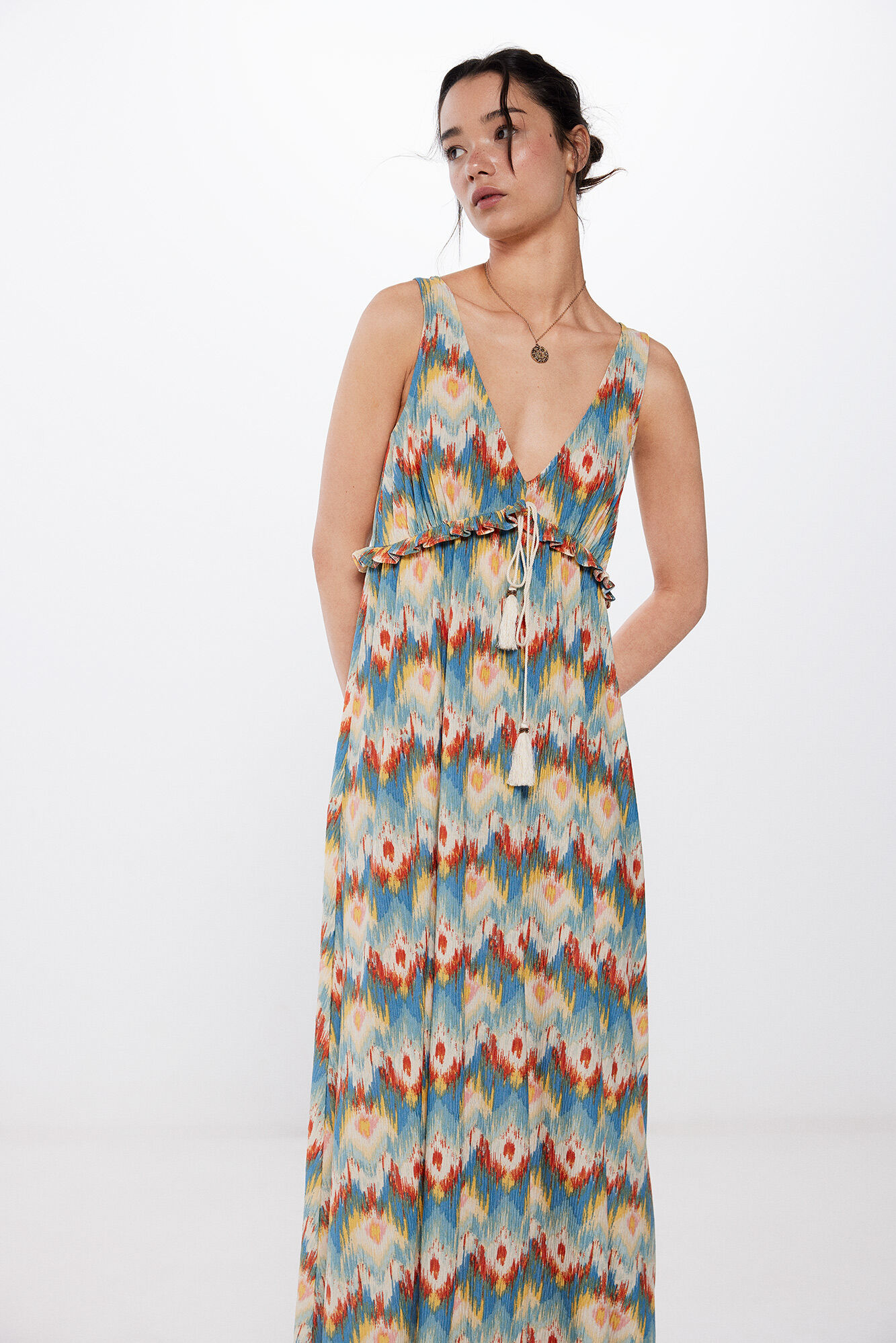 Springfield Vestido midi estampado lazo borlas beige