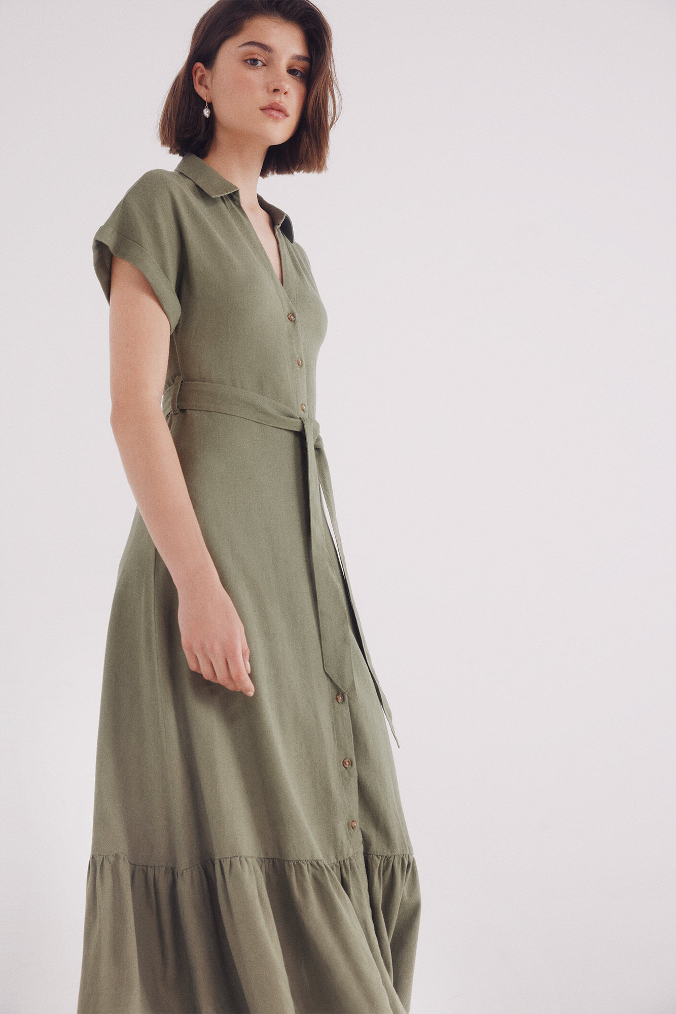Springfield Vestido midi camisero cintur&oacute;n lino kaki