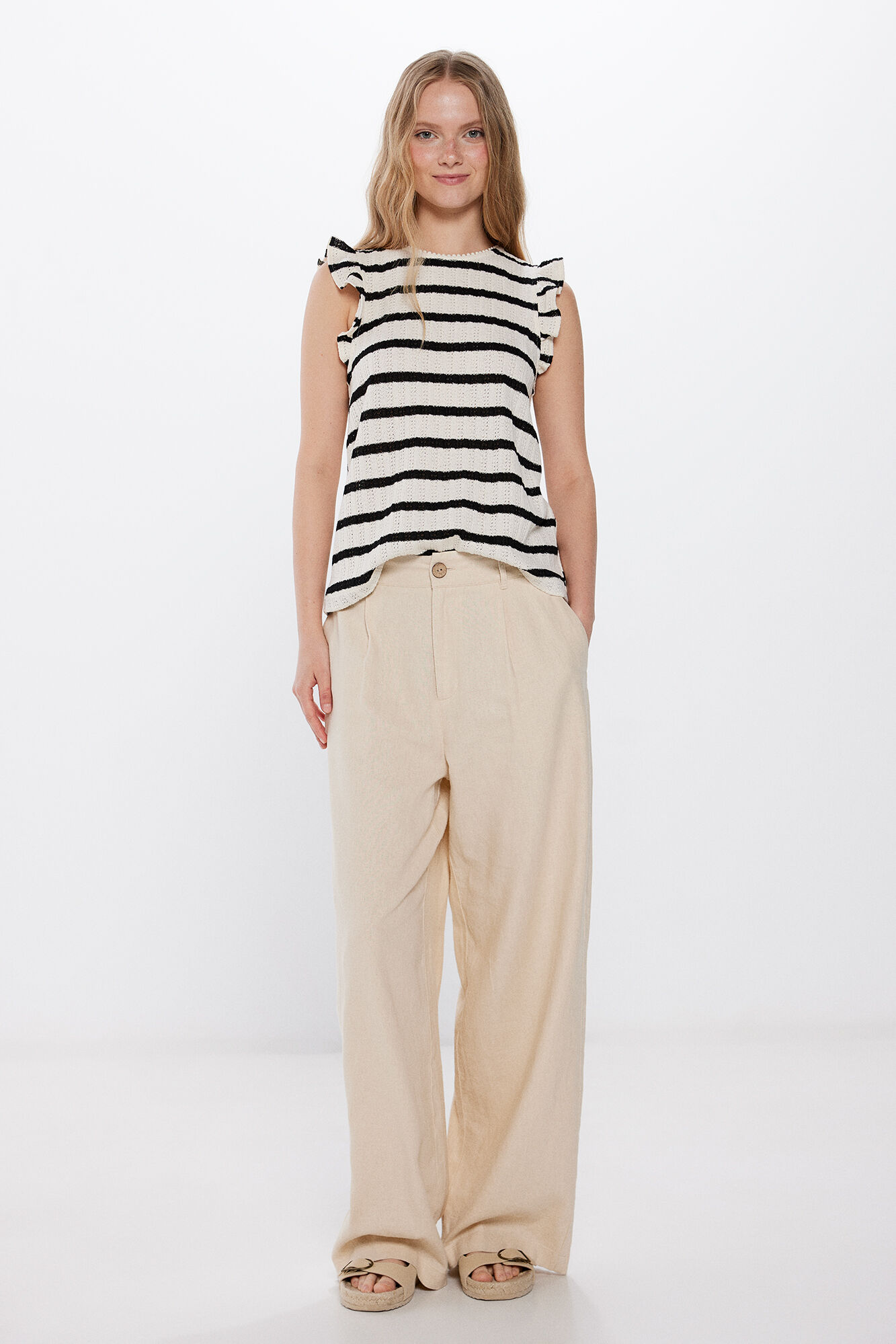 Springfield Top rayas marineras volantes beige