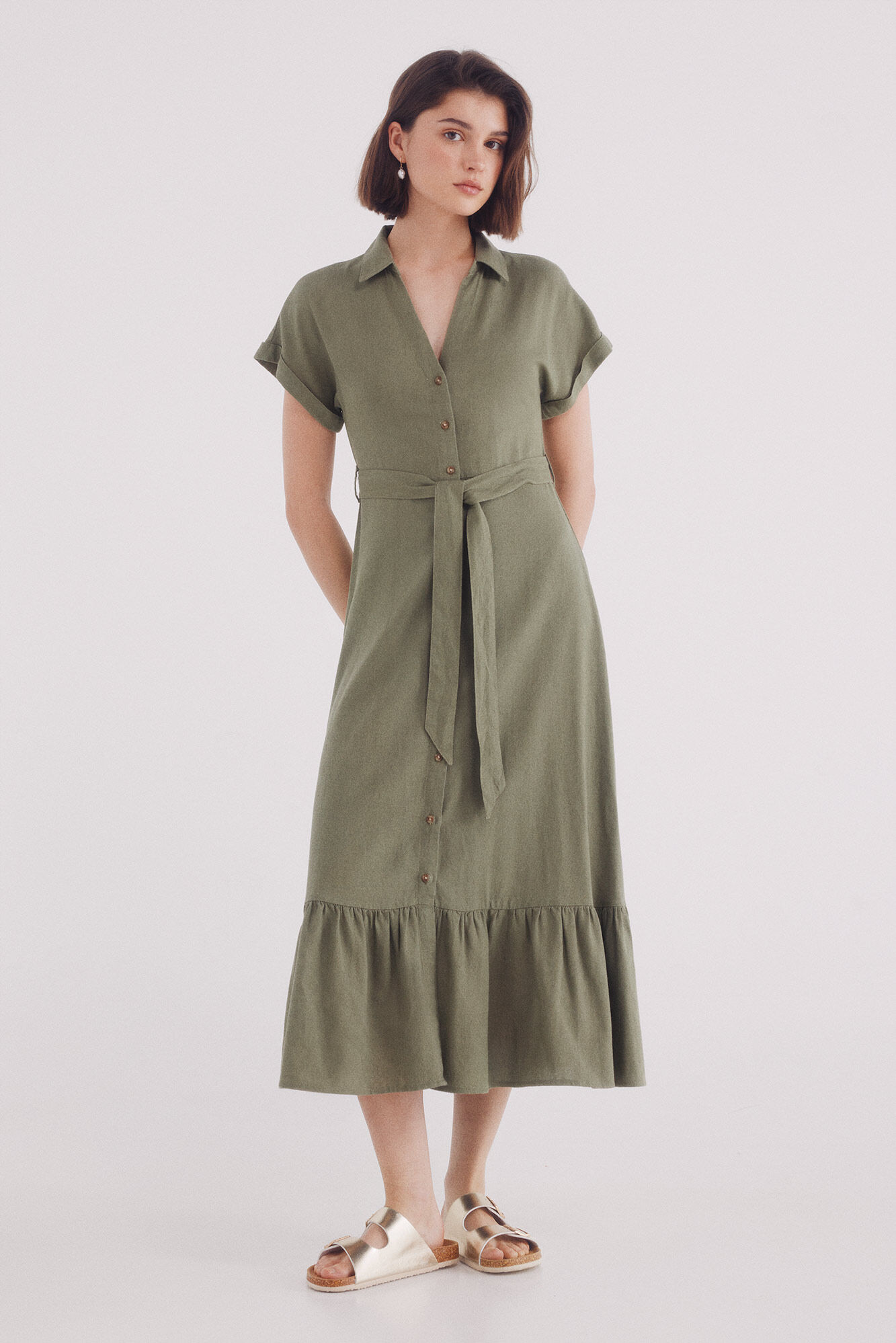 Springfield Vestido midi camisero cintur&oacute;n lino