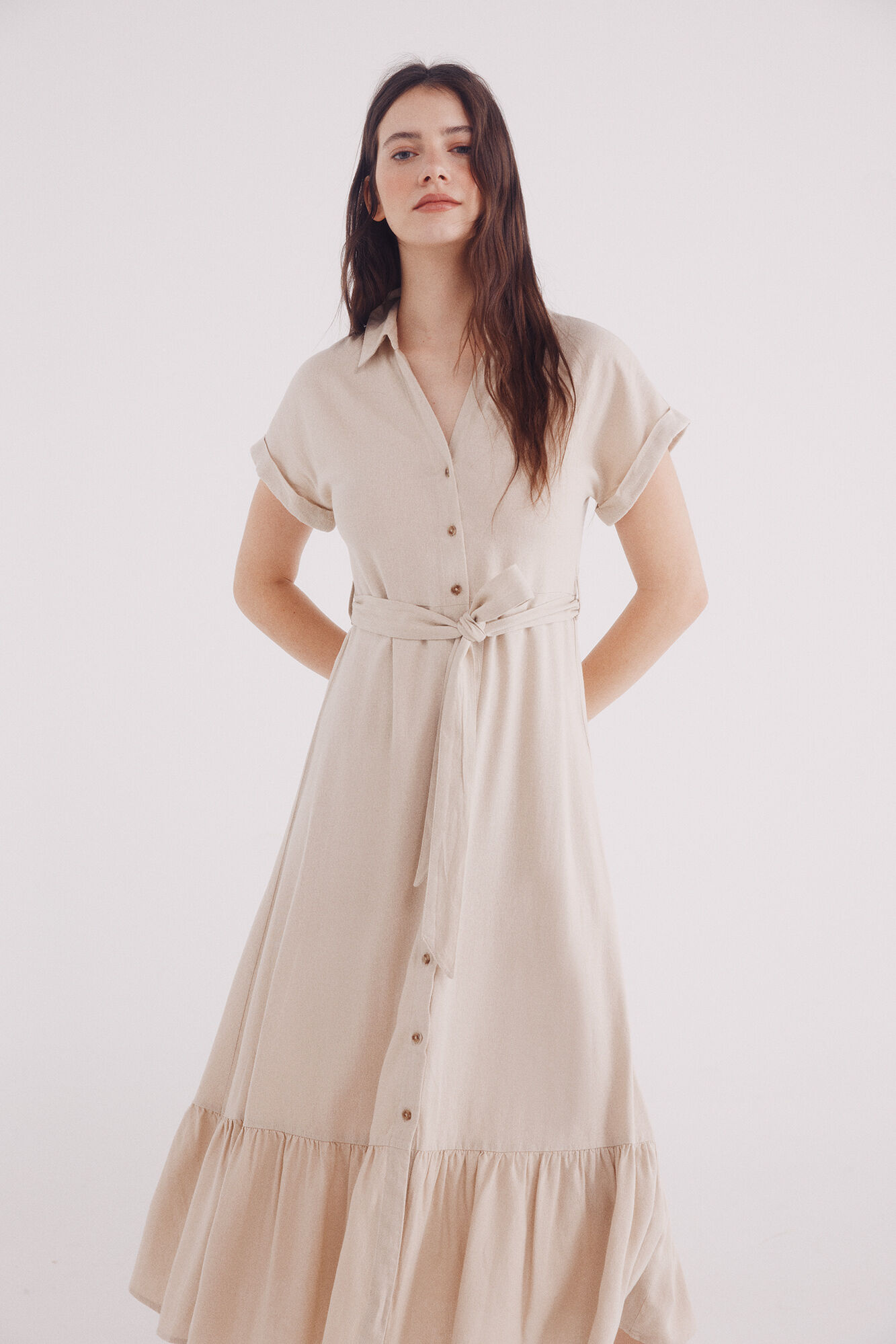 Springfield Vestido midi camisero cintur&oacute;n lino estampado