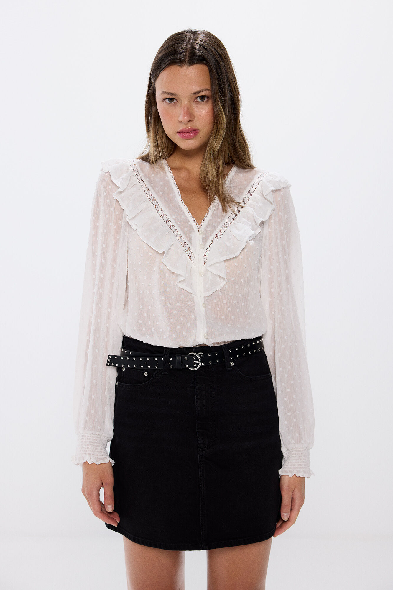 Springfield Blusa escote volante plumet&iacute; natural