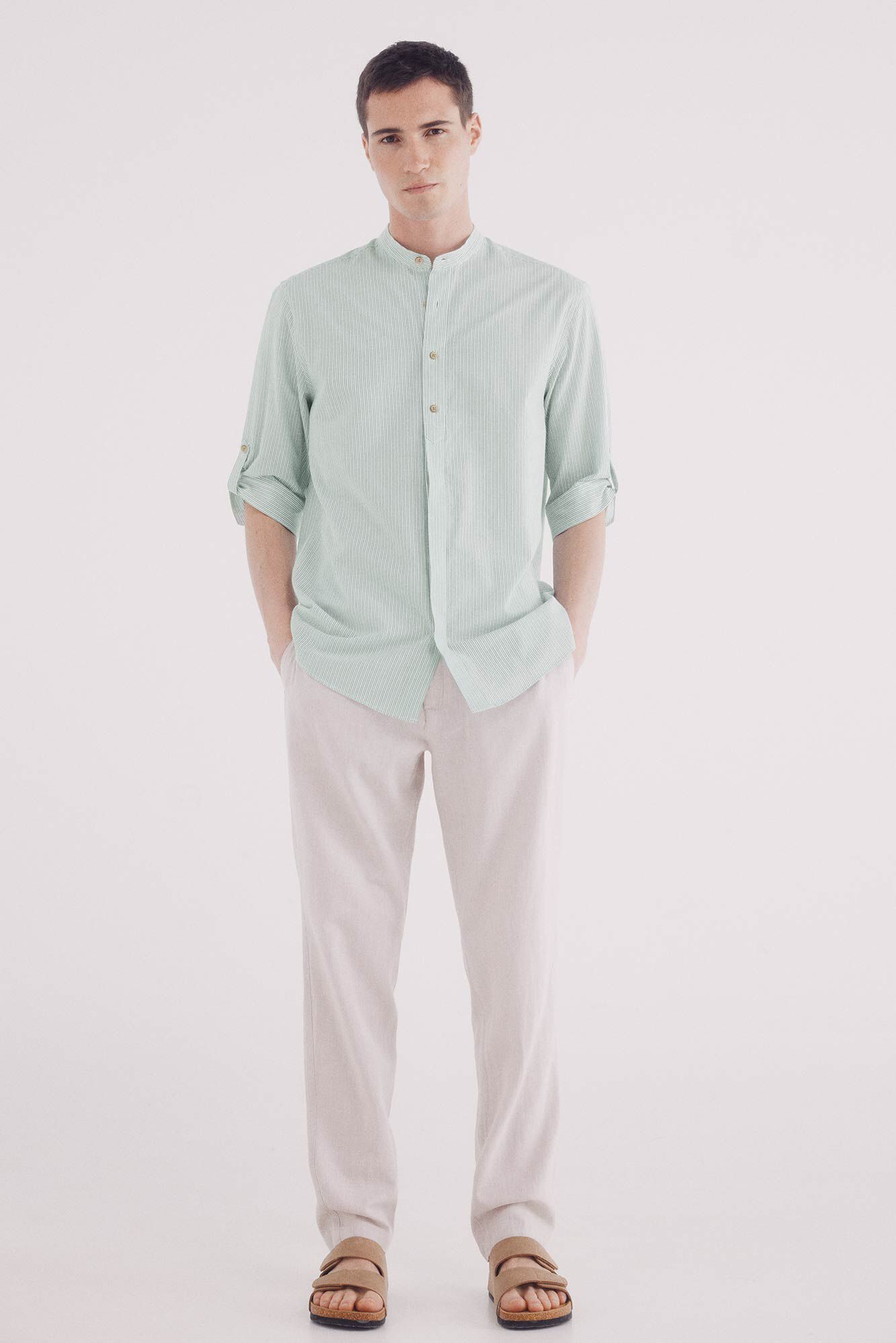 Springfield Camisa mao 3/4 seersucker rayas verde