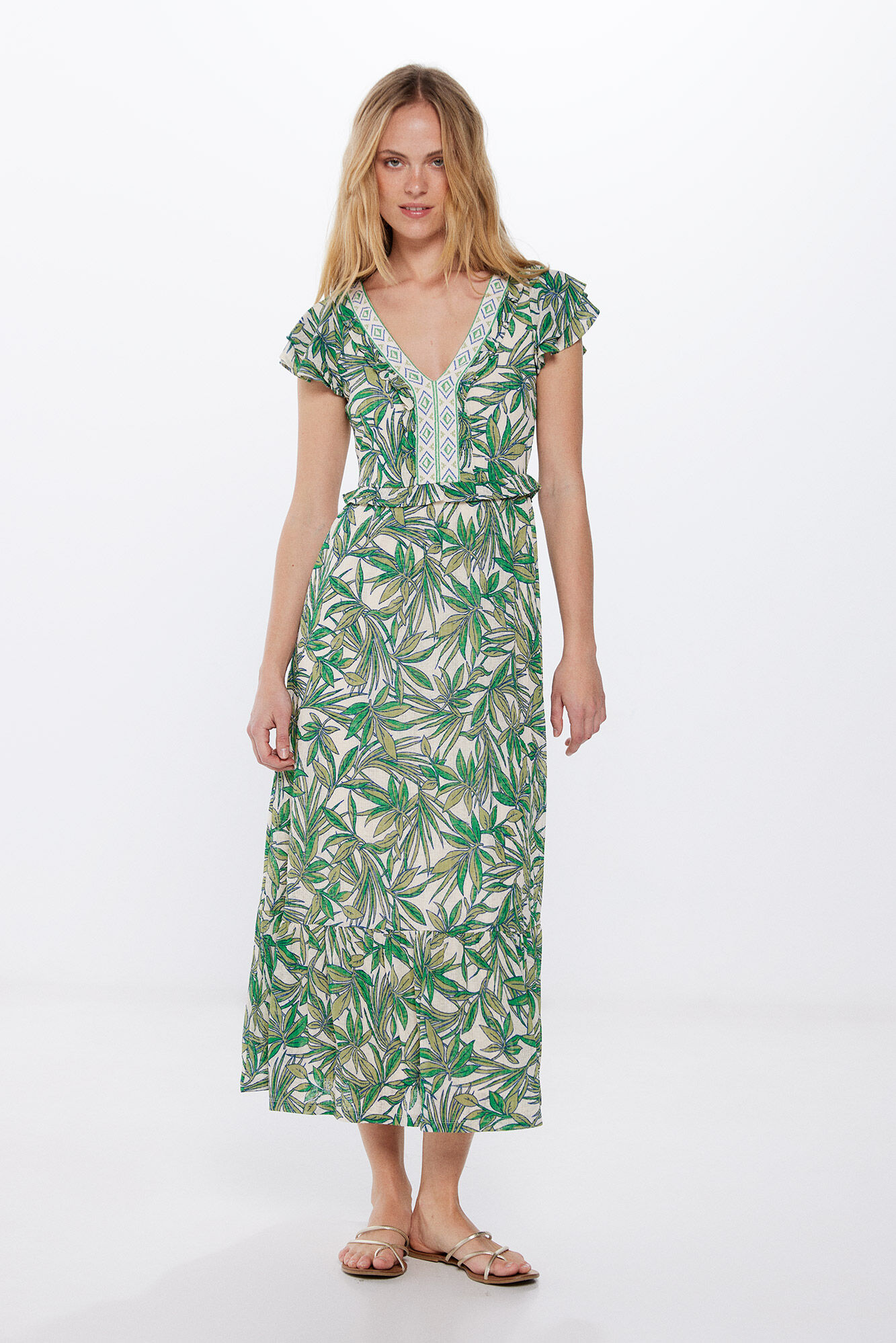 Springfield Vestido Midi Estampado Escote Cenefa