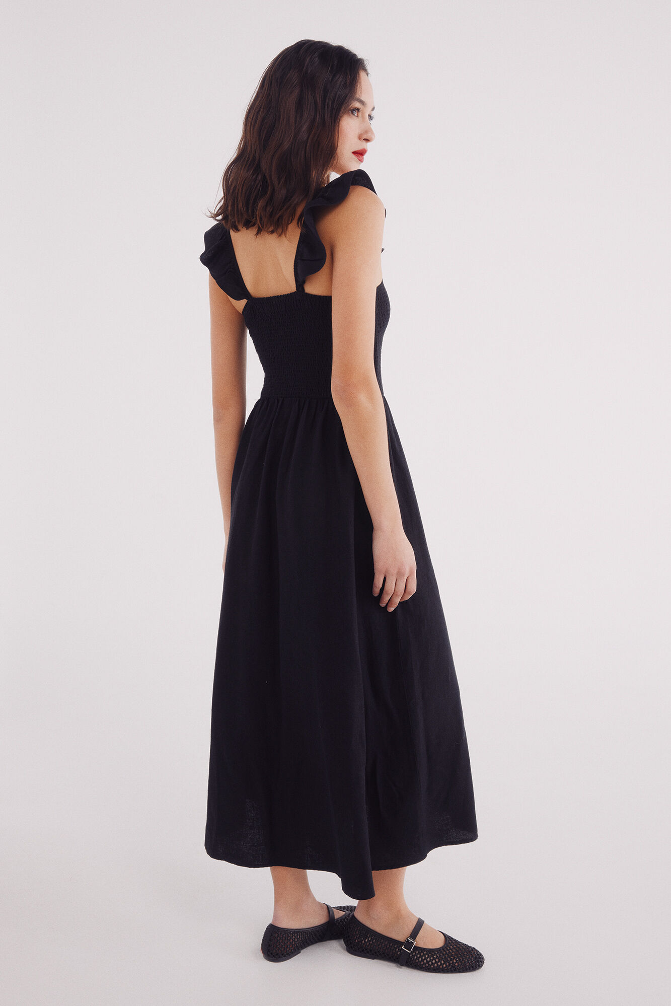 Springfield Vestido midi tirantes volante lino  negro