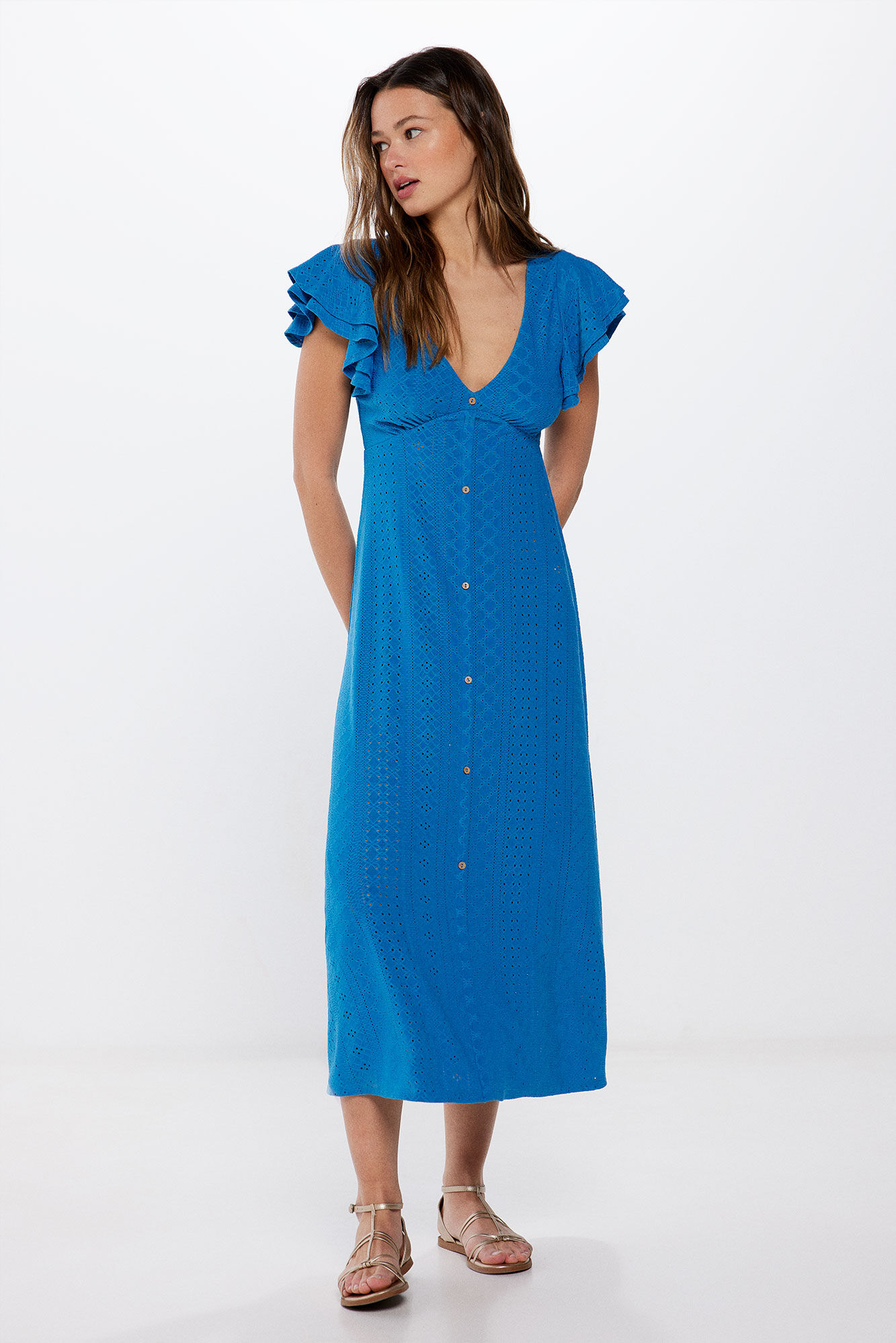 Springfield Vestido Midi Bordado Suizo Botones
