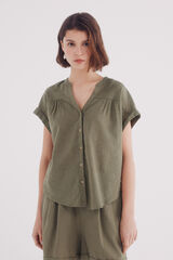 Springfield Blusa escote pico algod&oacute;n lino kaki