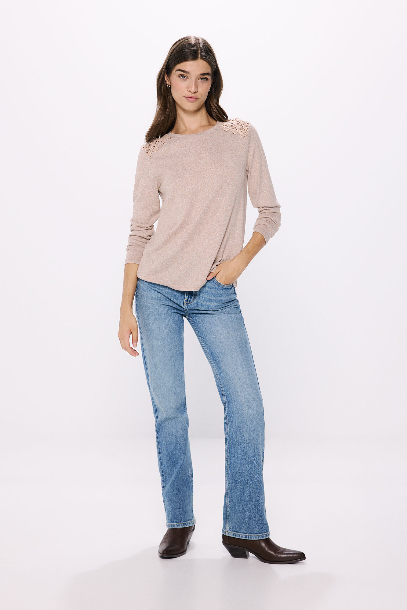 Springfield Playera crochet hombros caf&eacute;