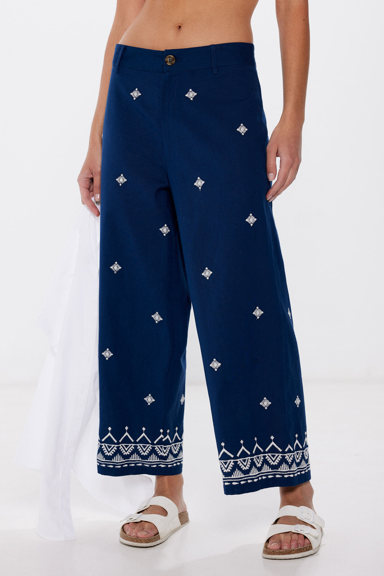 Springfield Pantalones bordados algod&oacute;n lino