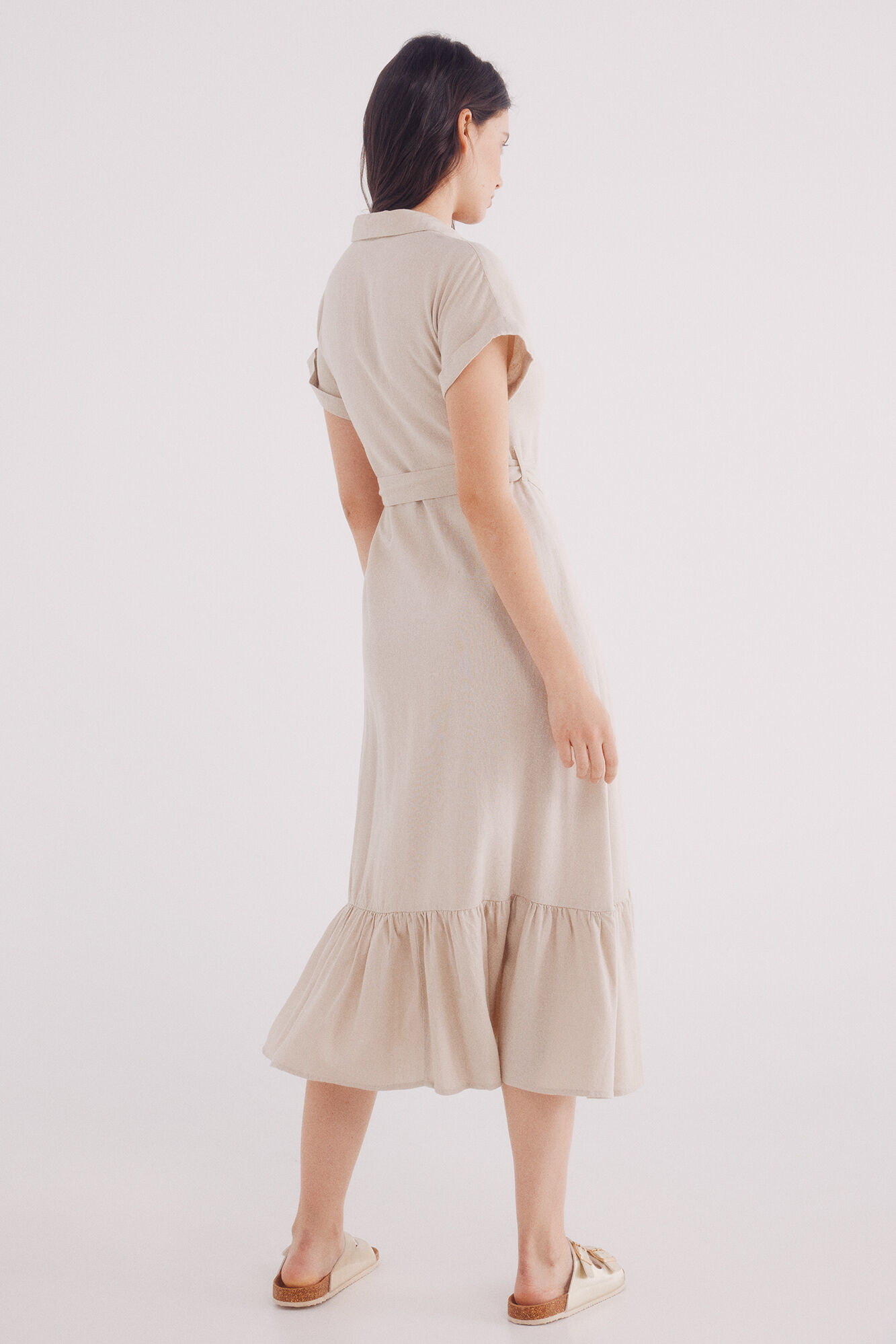 Springfield Vestido midi camisero cintur&oacute;n lino estampado