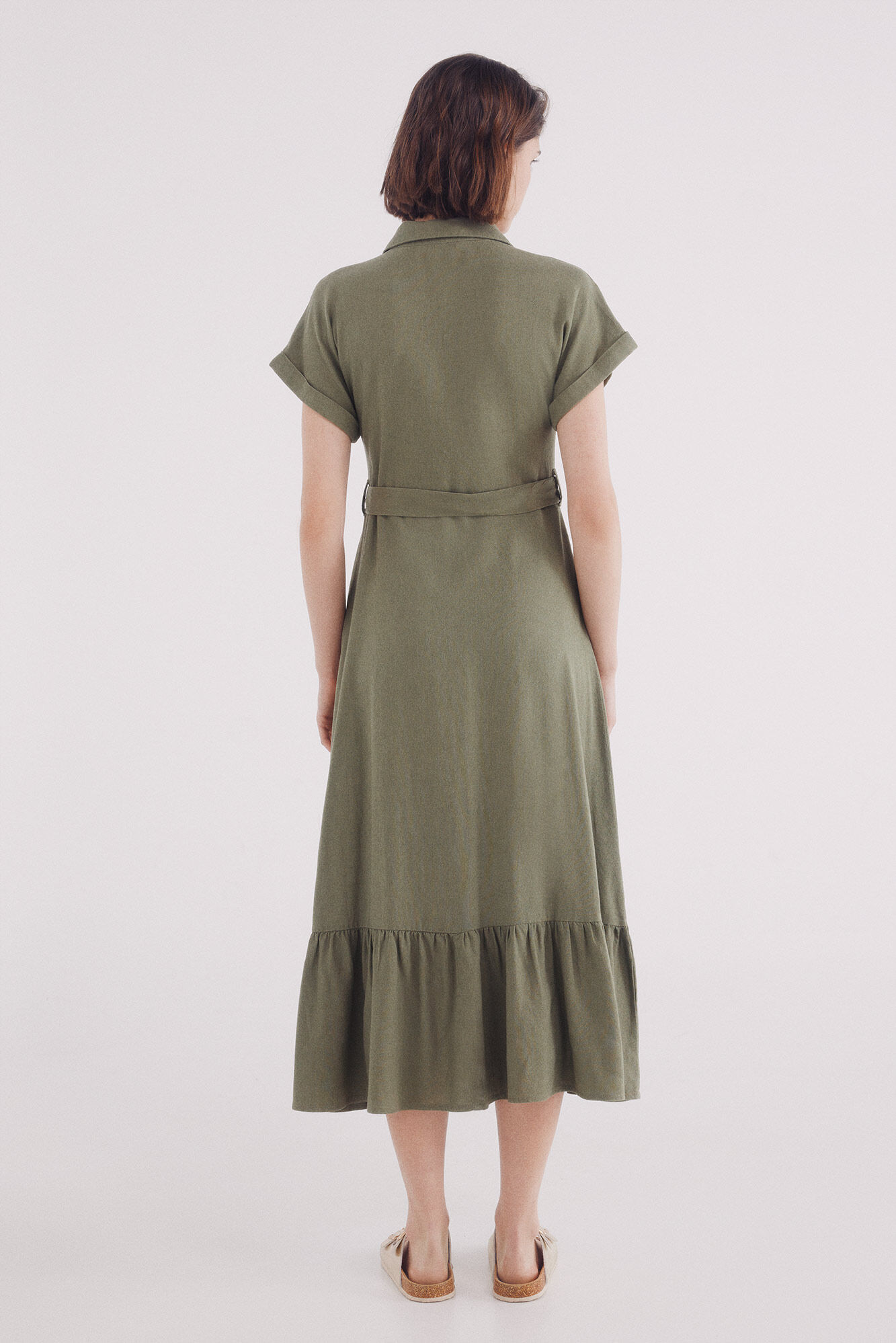 Springfield Vestido midi camisero cintur&oacute;n lino kaki