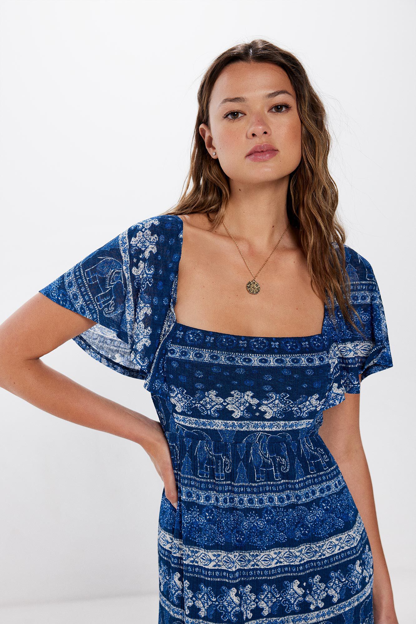 Springfield Vestido midi cenefas espalda cruzada marino