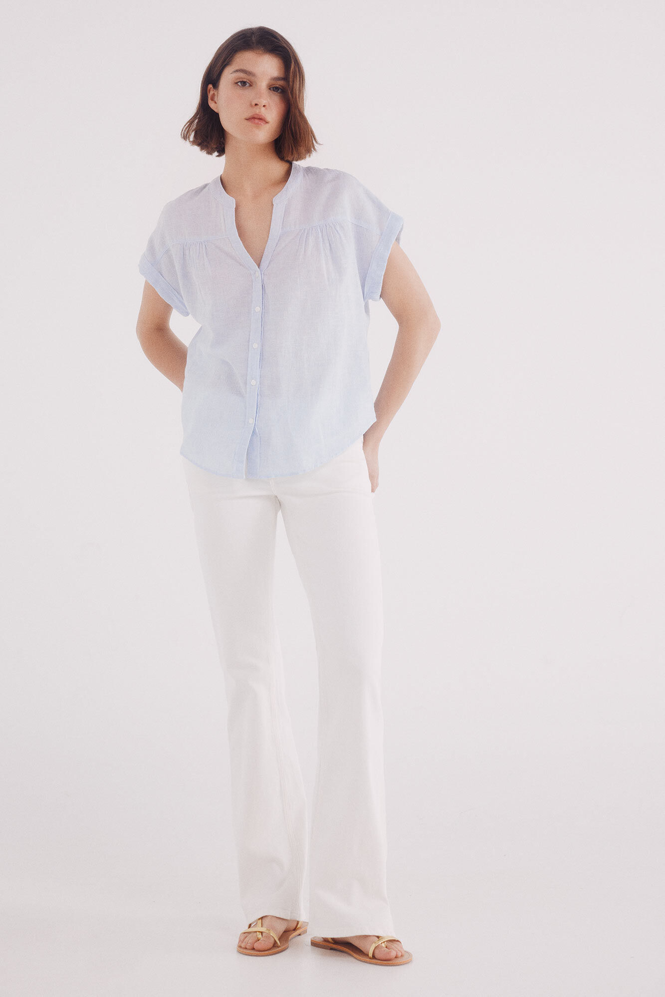 Springfield Blusa escote pico algod&oacute;n lino azul