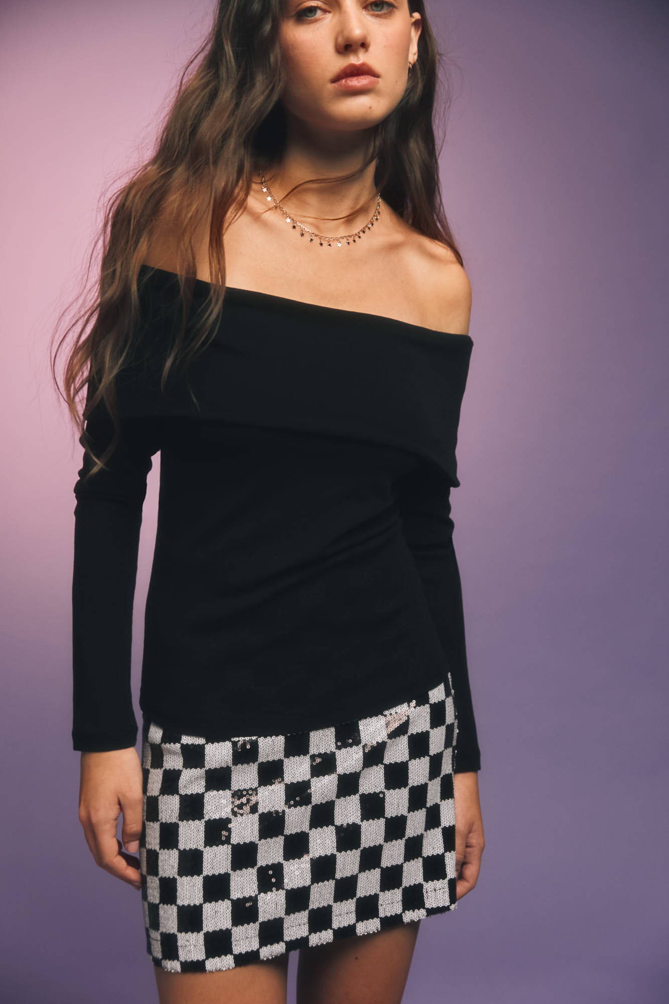 Springfield Falda corta cuadros lentejuelas negro