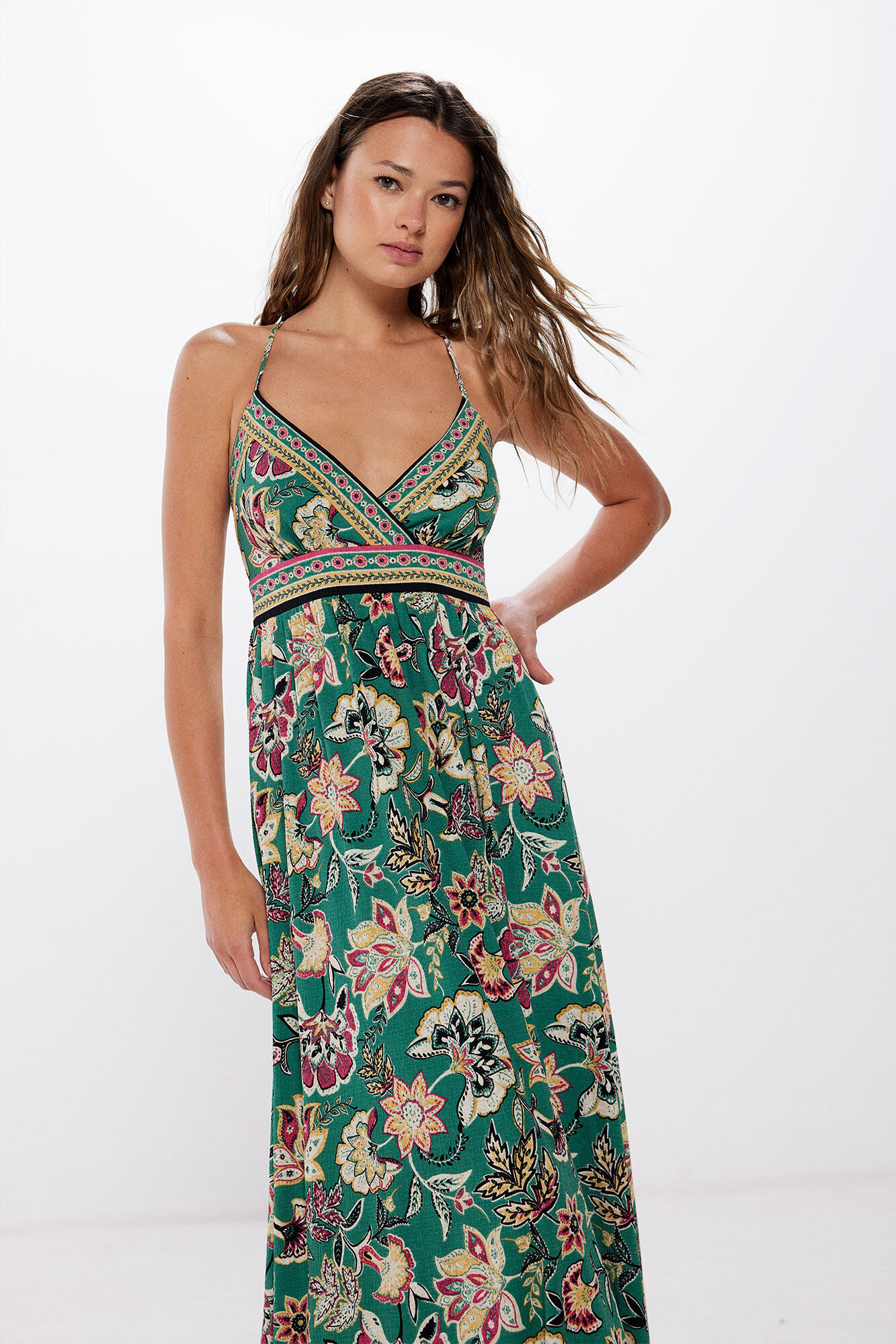 Springfield Vestido midi escote cenefas estampado khaki