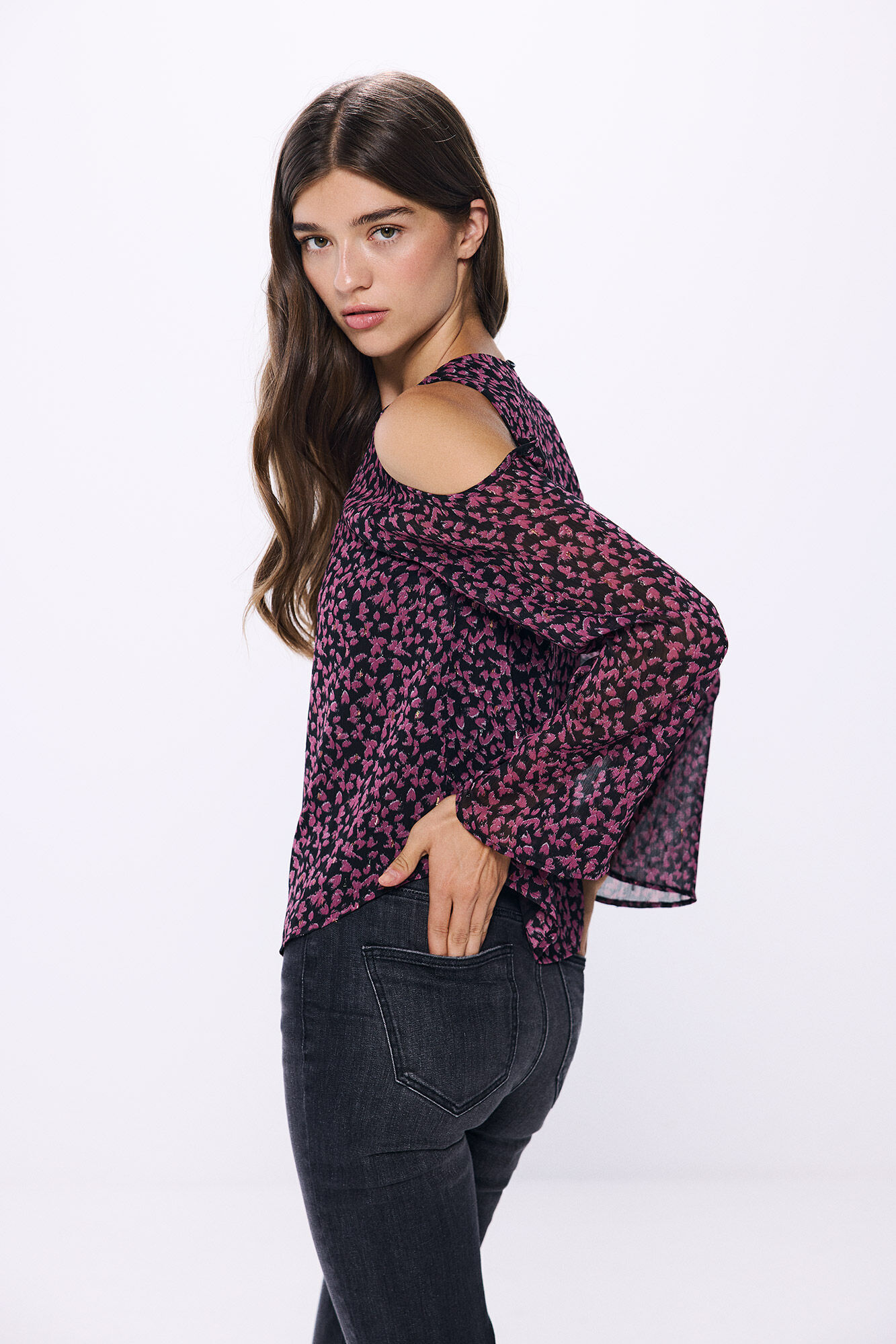 Springfield Blusa gasa flores lurex morado/lila