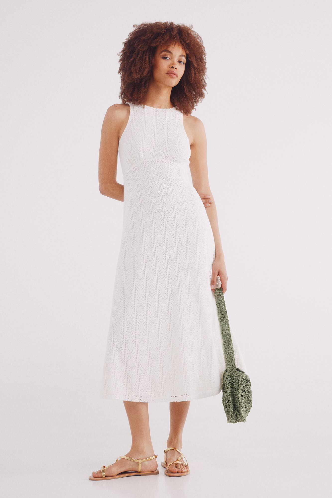 Springfield Vestido midi crochet blanco natural