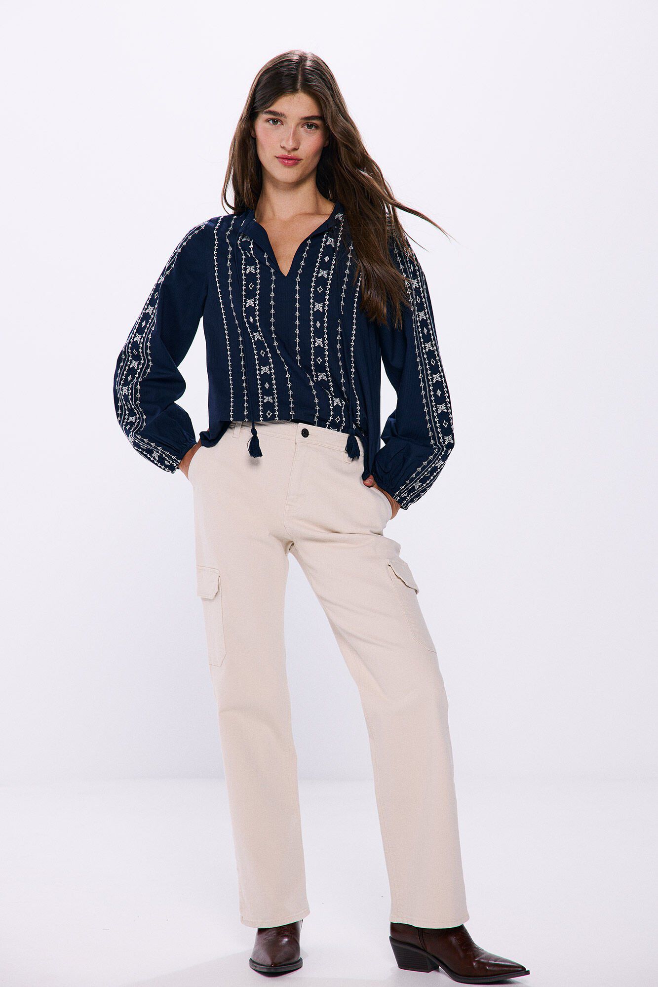 Springfield Blusa cenefas bordadas boho azulado