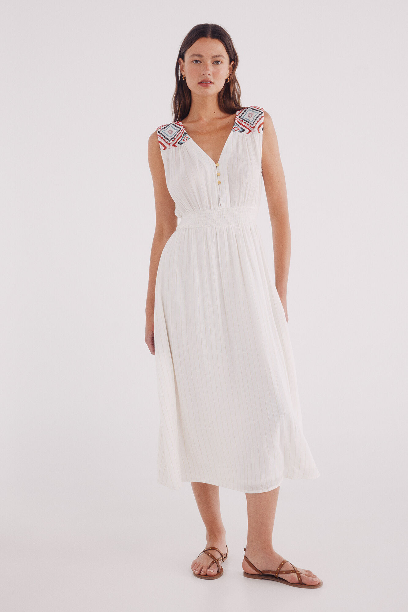 Springfield Vestido midi bordados &eacute;tnicos beige