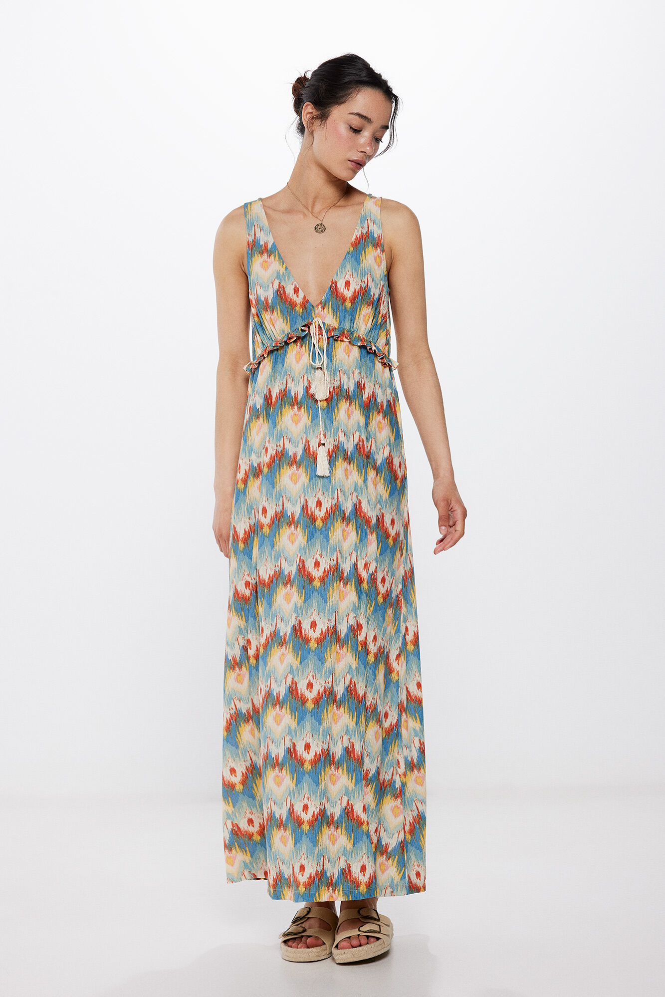 Springfield Vestido midi estampado lazo borlas beige