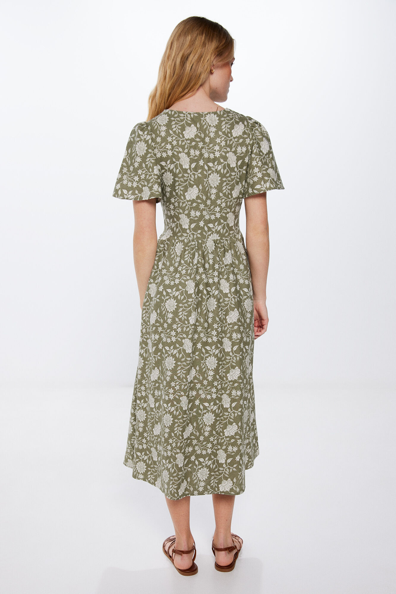 Springfield Vestido midi lino nudo escote kaki