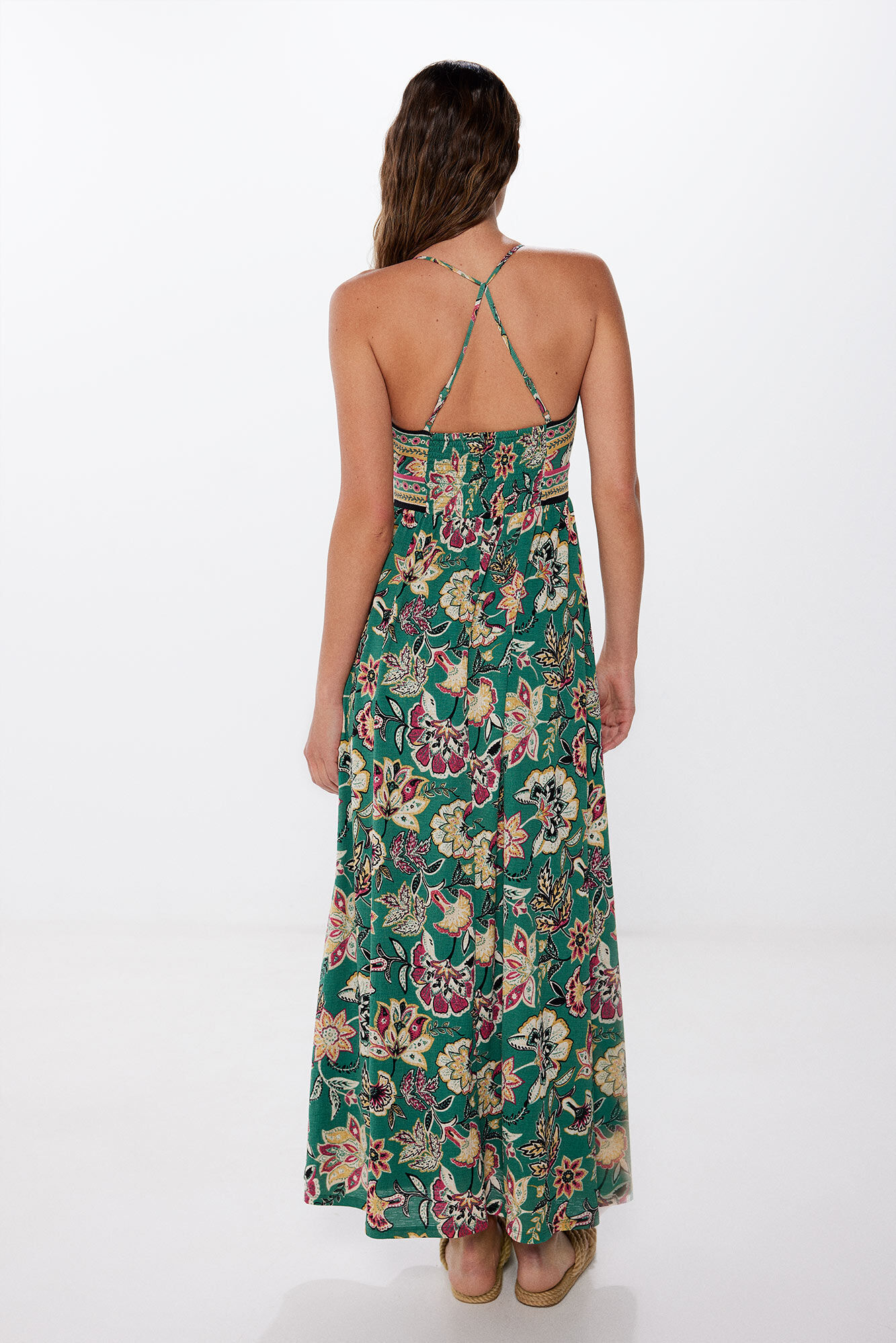 Springfield Vestido midi escote cenefas estampado khaki