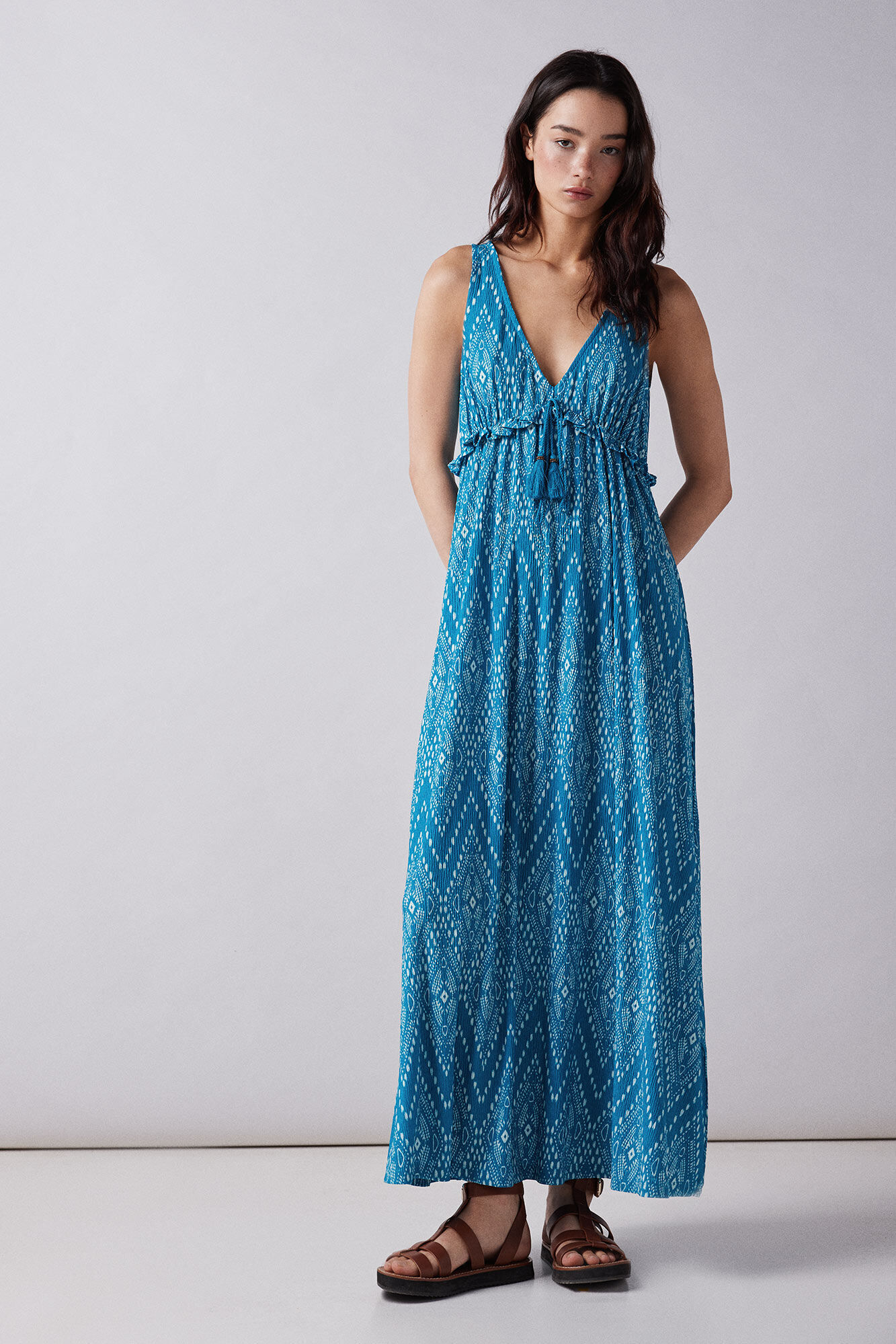 Springfield Vestido midi estampado lazo borlas
